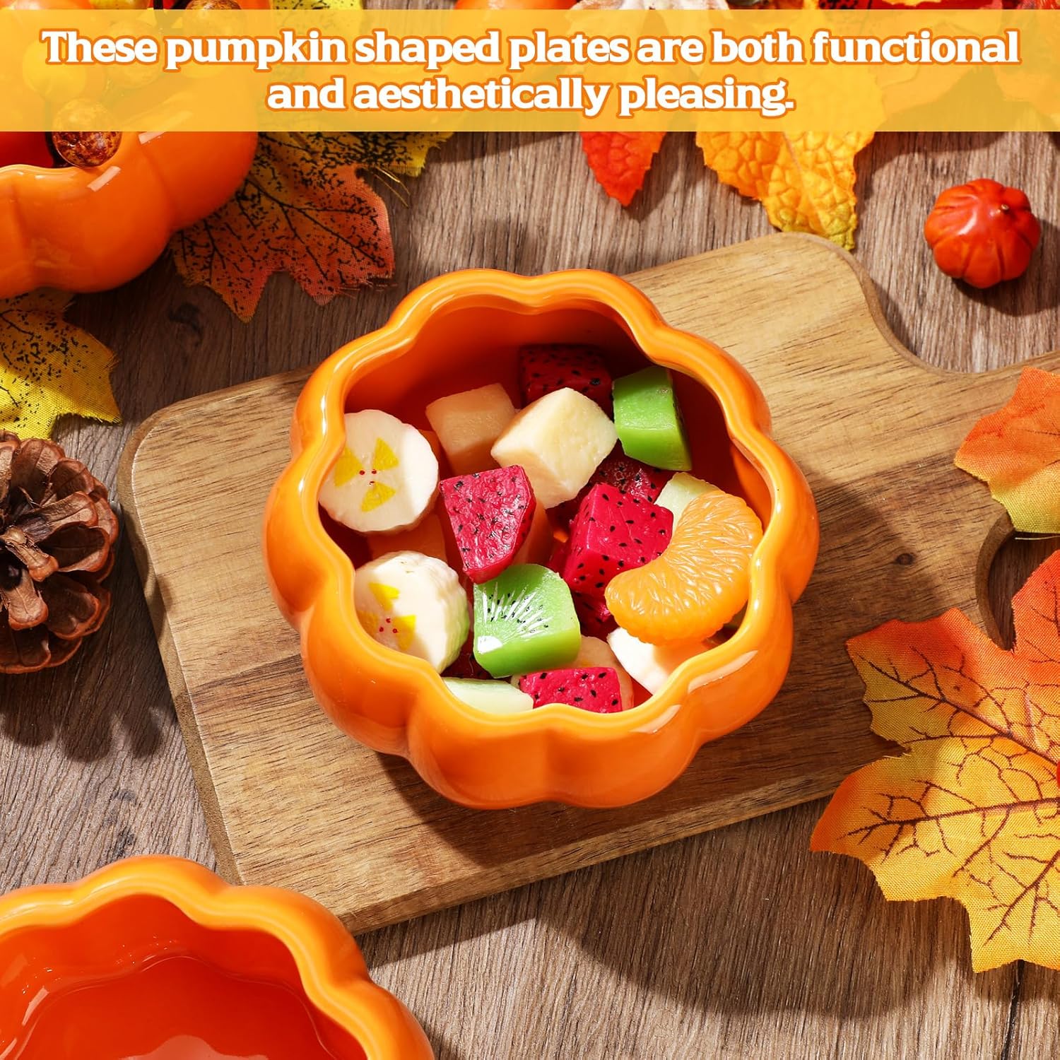 6 Pcs Ceramic Pumpkin Bowls Fall-themed Orange Pumpkin Shaped Serving Bowls with Realistic Texture for Thanksgiving, Halloween, Party Snacks, Soups, Dip(14oz)