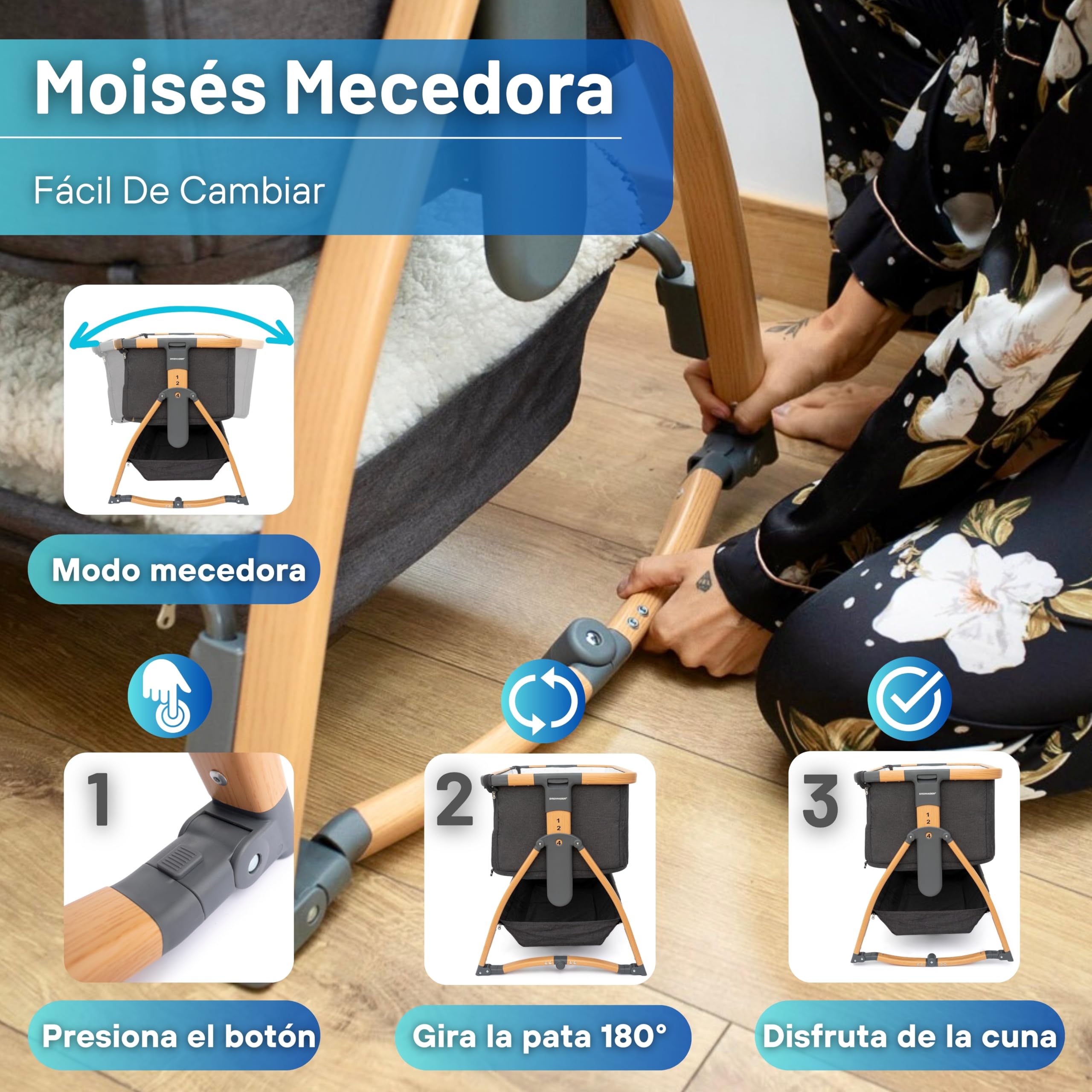 DROMADER Cuna Colecho Bebe – 0-6 Meses - Cuna Portátil con Ruedas - Malla Transpirable - Colchón Cómodo Incluido - 7 Alturas Ajustables - Función Balanceo - Gris