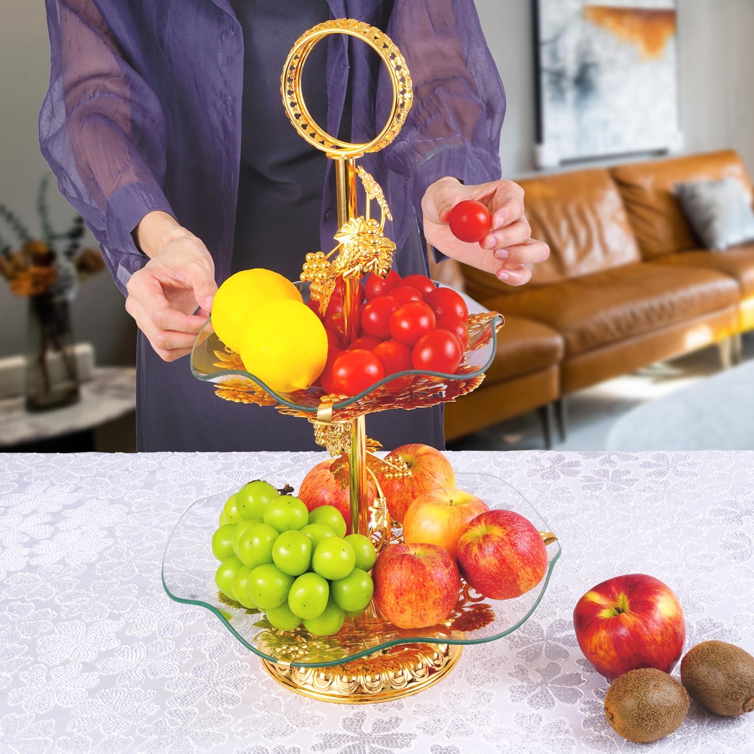 2 tier 18 Inches Wave Glass Metal Cake Display Stand, Gold Fondant Cake Cupcake Dessert Fruit Stand Pedestal, Bakeware Wedding Birthday Baking Party Supplies Centerpiece - Gold