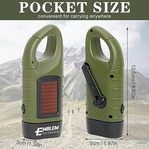 Miniatura 9 de Emblem OD - Linterna solar con manivela de mano, linterna de supervivencia LED recargable de emergencia con manivela dinamo y clip de carbiner.