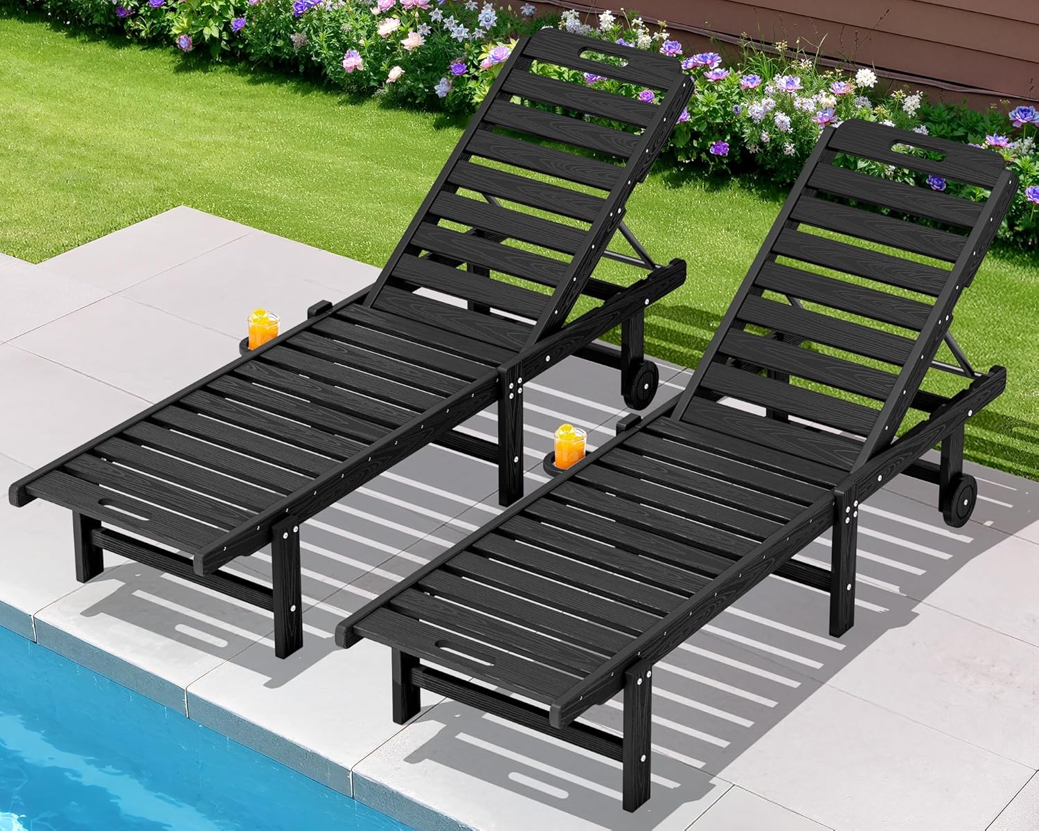 SERWALL Patio Chaise Lounge Set of 2, HDPE Outdoor Lounge Chair with Cup Holder, 5 Positions Adjustable Outdoor Lounger with Rolling Wheels for Poolside, Black