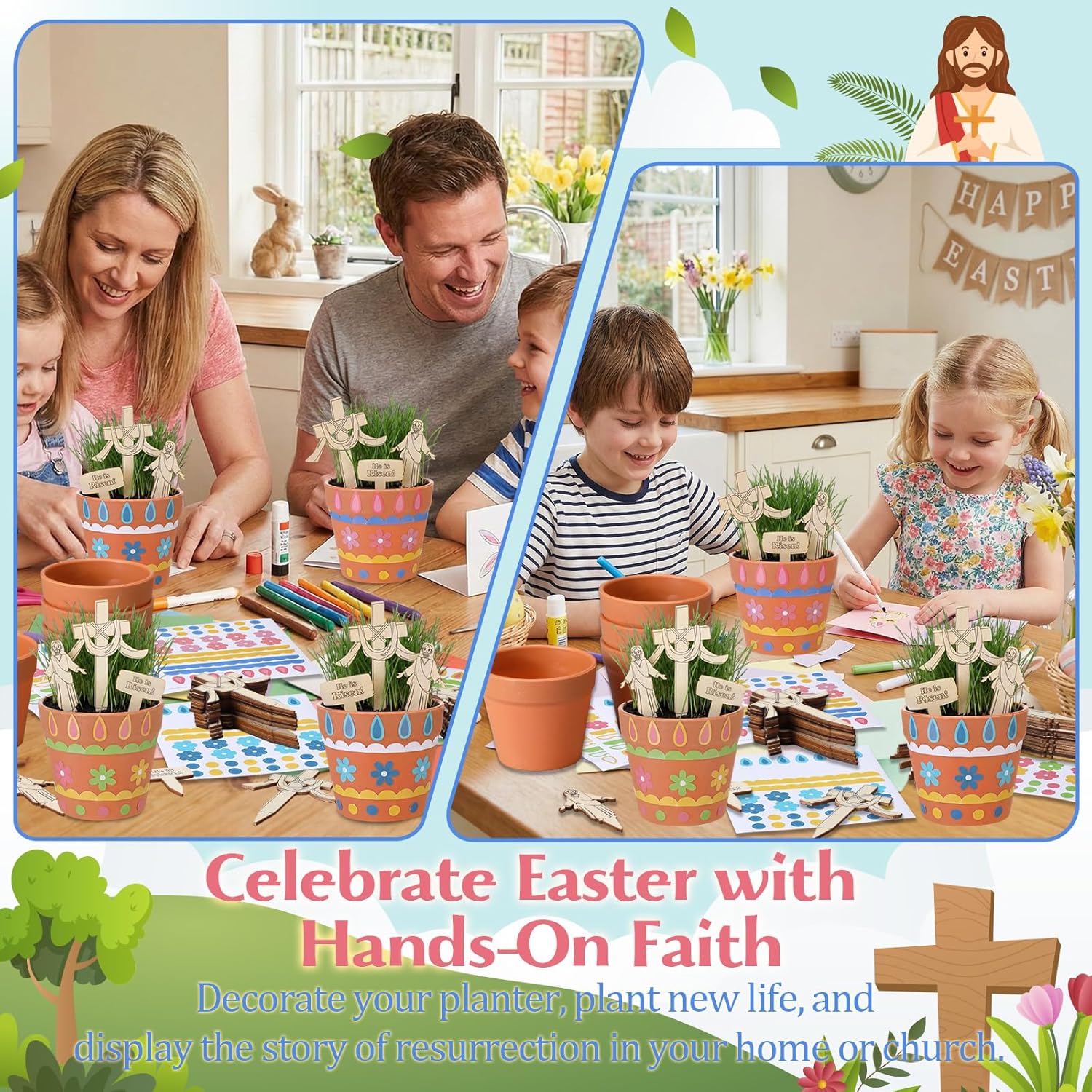 Ferrochef 24 Sets Religious Easter Crafts with 24 Flower Pots 72 Wooden Plant Labels 24 Stickers for Christian Sunday School Activities Easter Church Decorations Jesus Resurrection He is Risen Decor