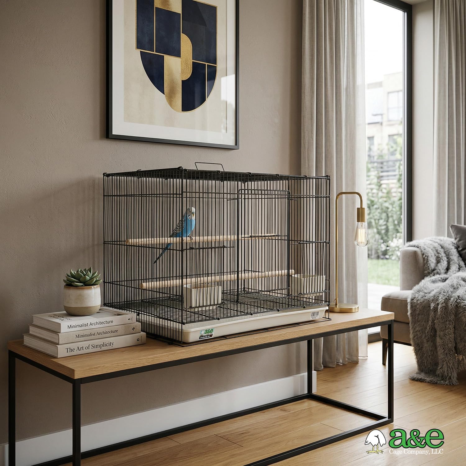 A&E Cage Co 503 Flight Cage – 24"x16"x16" Small Bird Cage with Slide-Out Tray, Wood Perch, Dual Feeding Stations & Carry Handle – Black Powder Coated Cage for Finches, Canaries & Small Birds