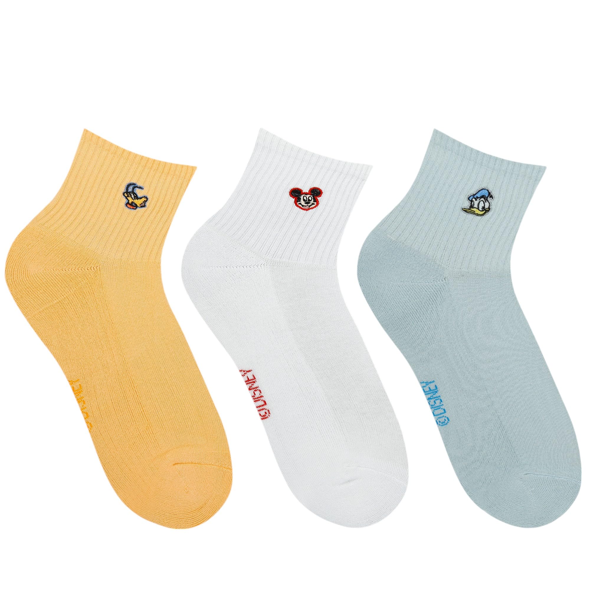 Disney by SocksXpress Mickey, Donald & Pluto Women High Ankle Socks|Pack of 3|Orange, White, Blue| Official Disney Licensed|Embroidered Combed Cotton Comfort in Free Size|Cushioned Everyday Socks
