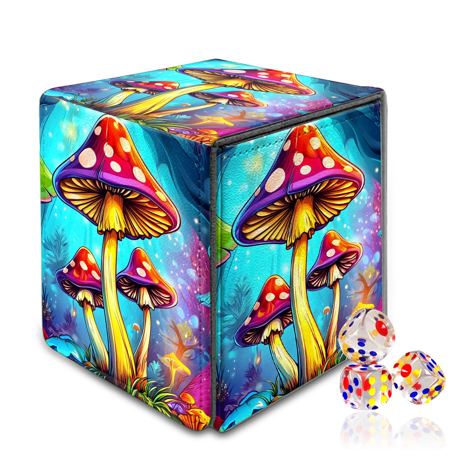 VOGDMKJG Trading Card Deck Box Fit 120+ Single Sleeved Cards,PU Leather Magnetic Closure Card Storage Box With 3 Dice For MTG/TCG/PTCG/Magic/Sport Card Storage Case Vertical Design Blue Mushroom