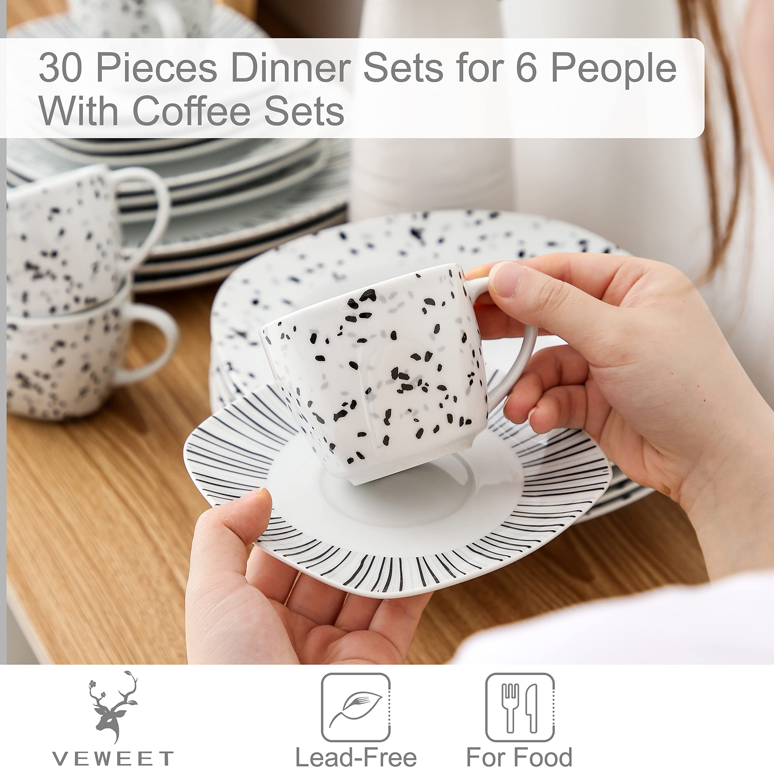 VEWEET BESLEY Service de table 30 pièces en porcelaine avec tasses à café de 200 ml, soucoupe, assiette à dessert, assiettes plates et assiettes creuses