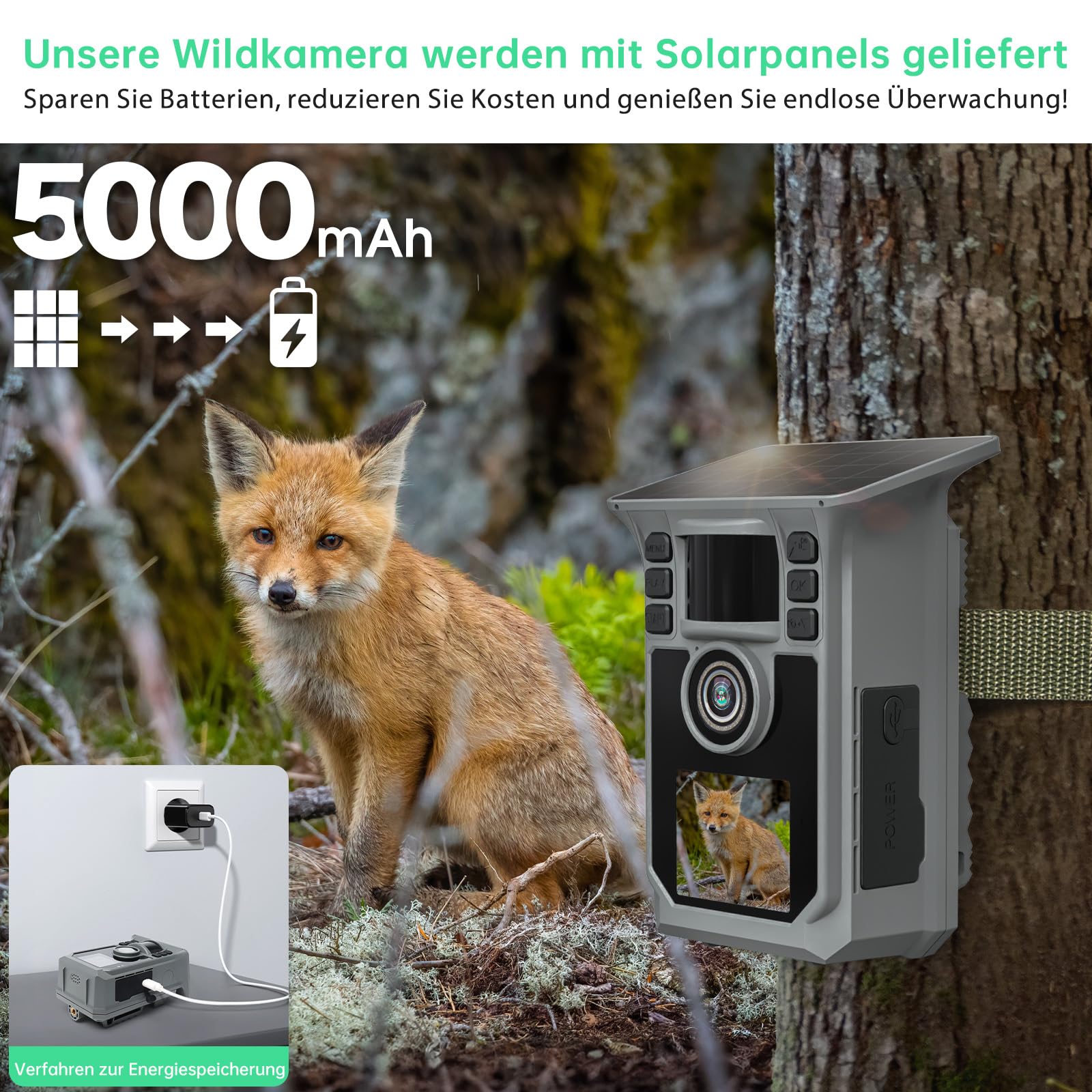 Hrivcam 4K 64MP Wildkamera mit Handyübertragung APP, Solar WLAN Bluetooth Eingebaute 5000mAh, 64GB Speicherkarte, Wildkamera mit Bewegungsmelder Nachtsicht, IP67 Wasserdicht 130°Weitwinkel