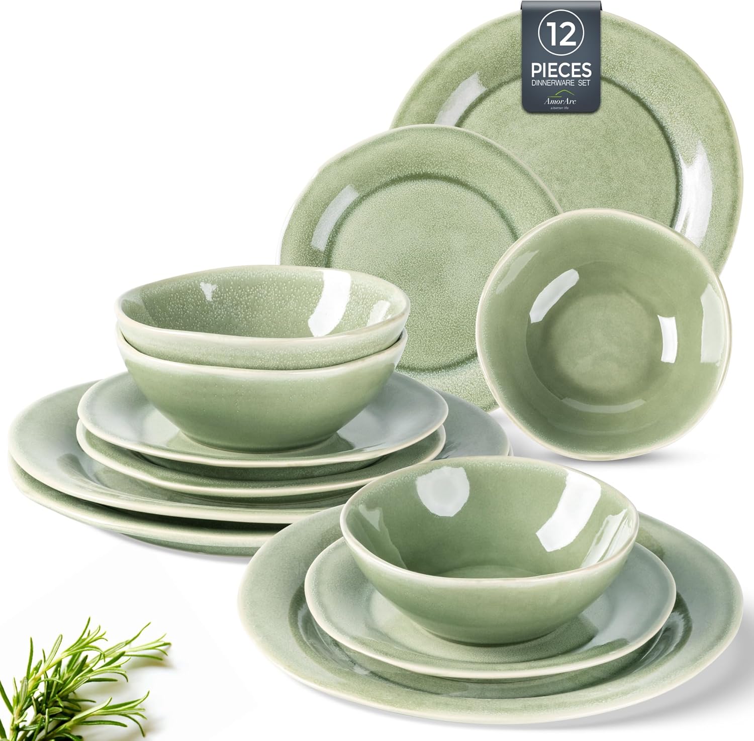 AmorArc Ceramic Dinnerware Sets, Handmade Stoneware Reactive Glaze Plates and Bowls Set, Scratch Resistant | Dishwasher & Microwave Safe, Service for 4 (12pc)