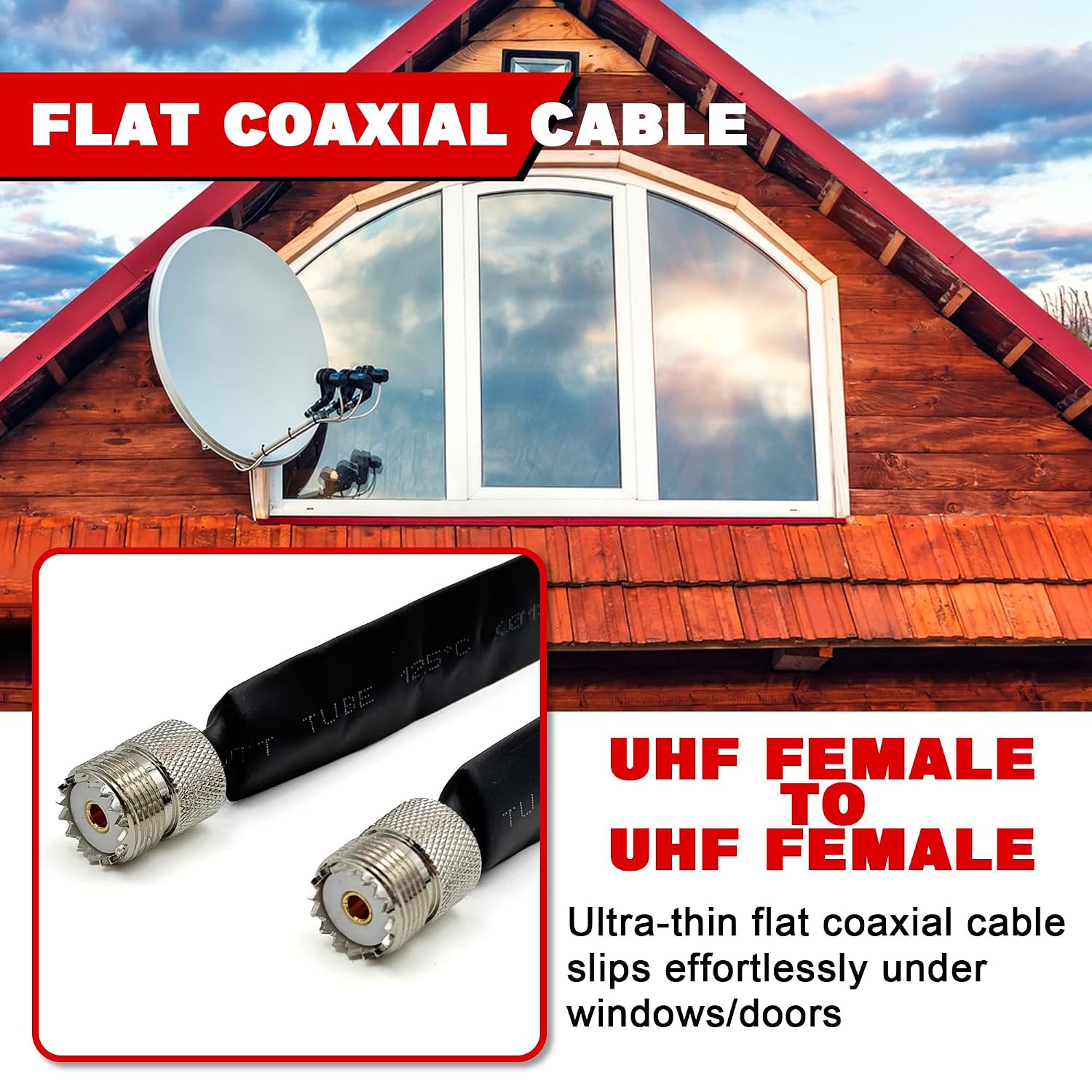 2-Pack 19.6 Inch Coax Window Pass Through Flat Coaxial Cable – Black Cord Window Pass-Through Kit with SO239 UHF Female to UHF Female Connectors