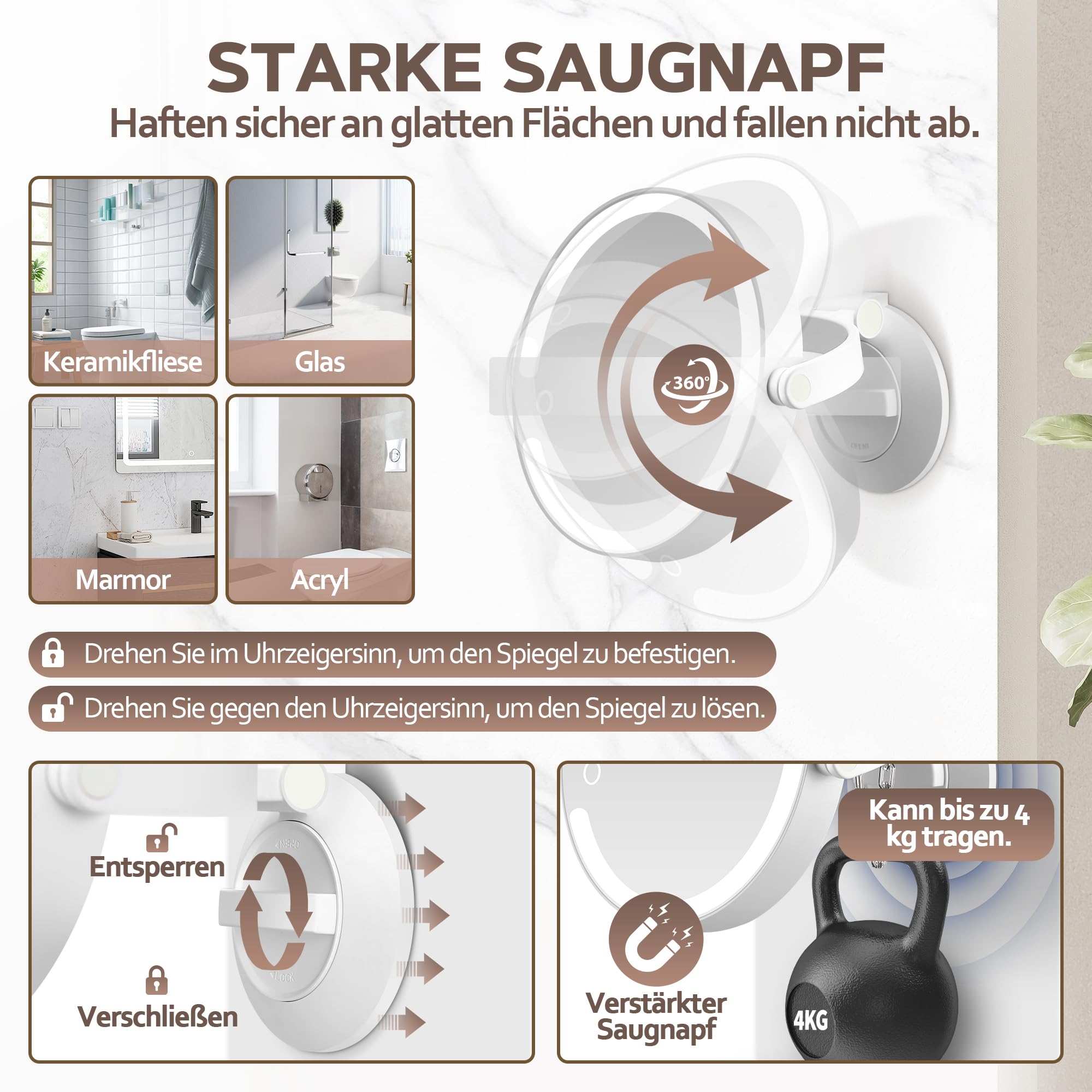 MOMOKUBA Cosmeticaspiegel met verlichting, 30-voudige vergrotingsspiegel met zuignap, 3 kleuren verlicht en dimbaar, voor precisiemake-up, wand- of tafelspiegel voor badkamer, roségoud