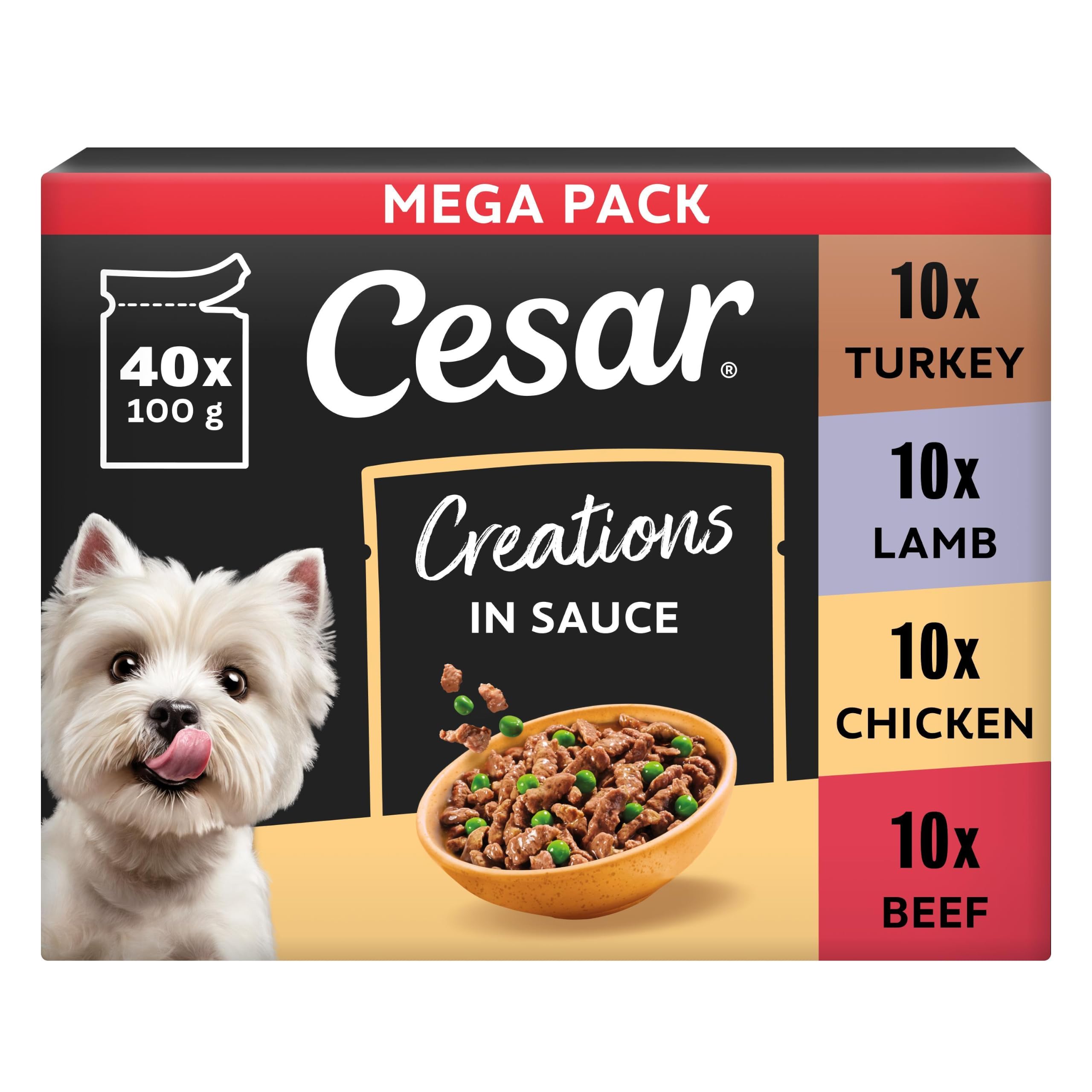 Cesar Creations 100g Adult Pouch 40-pack Beef Chunks & Carrots in Gravy/Chicken & Peas/Lamb & Vegetables/Turkey & Carrots in Tomato Sauce