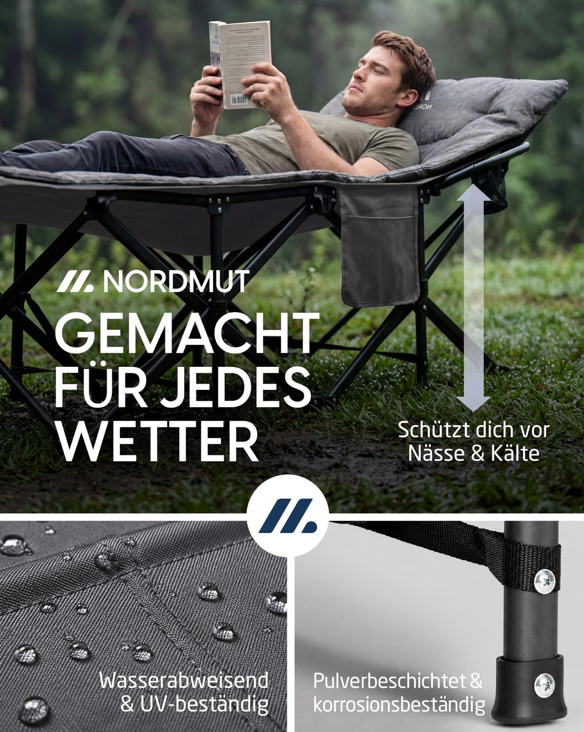 NORDMUT® Feldbett klappbar mit komfortabler Matratze - stabiles Campingbett bis 200 kg belastbar - Premium Gästebett faltbar für Camping, Garten & Gäste (Aschgrau, mit Auflage)