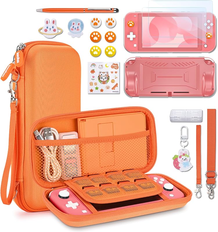 innoAura 17 az 1-ben Nintendo Switch Lite Tok Szett - Hordozható Táska, Játék Tárolás, Védőfólia, Állvány, Joystick Sapka Narancs