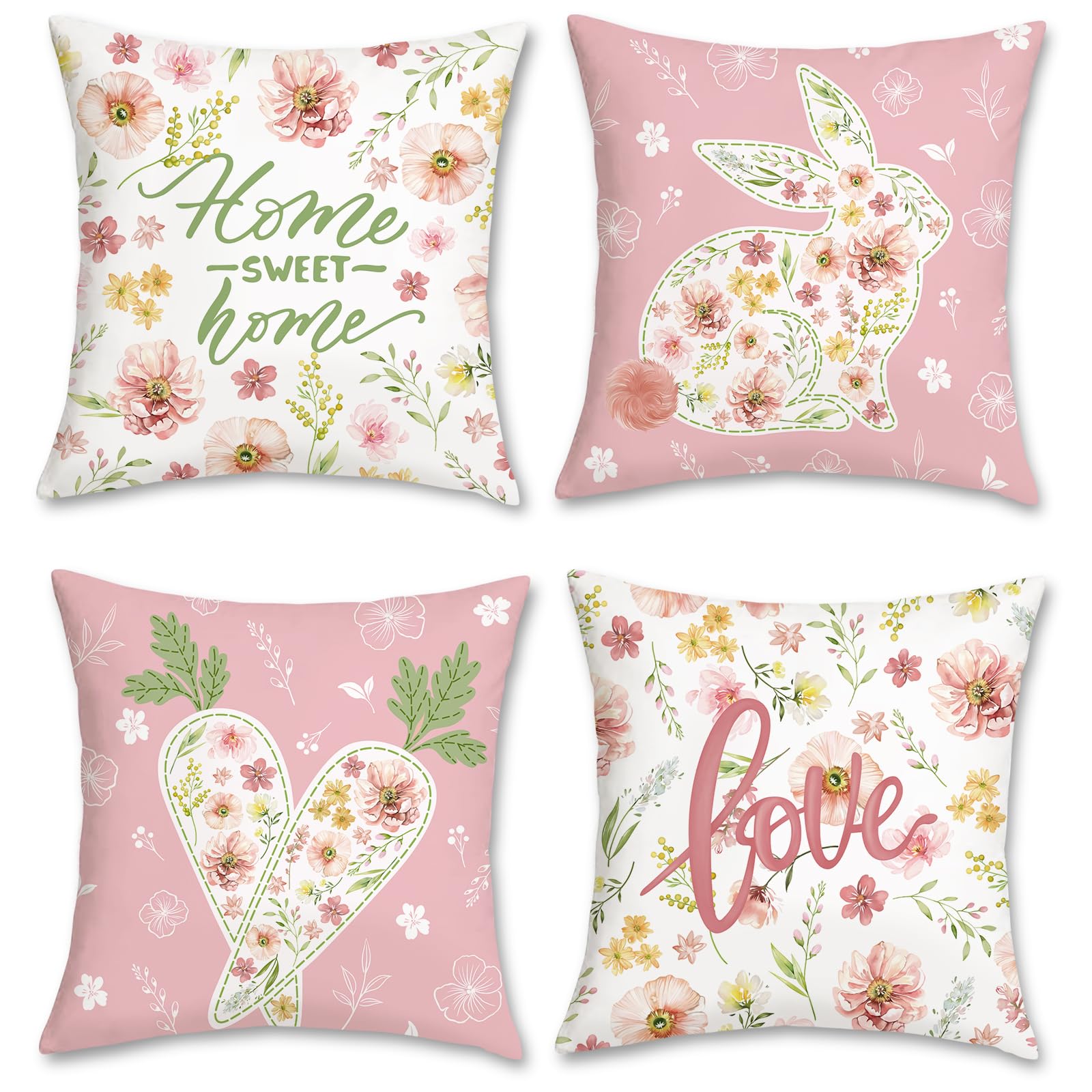Bonhause Bunny Floral Cushion Covers 45 x 45 cm Spring Rabbit Carrot Flower Pink Decorative Pillow Covers for Sofa Bed Home Garden Decor Set of 4