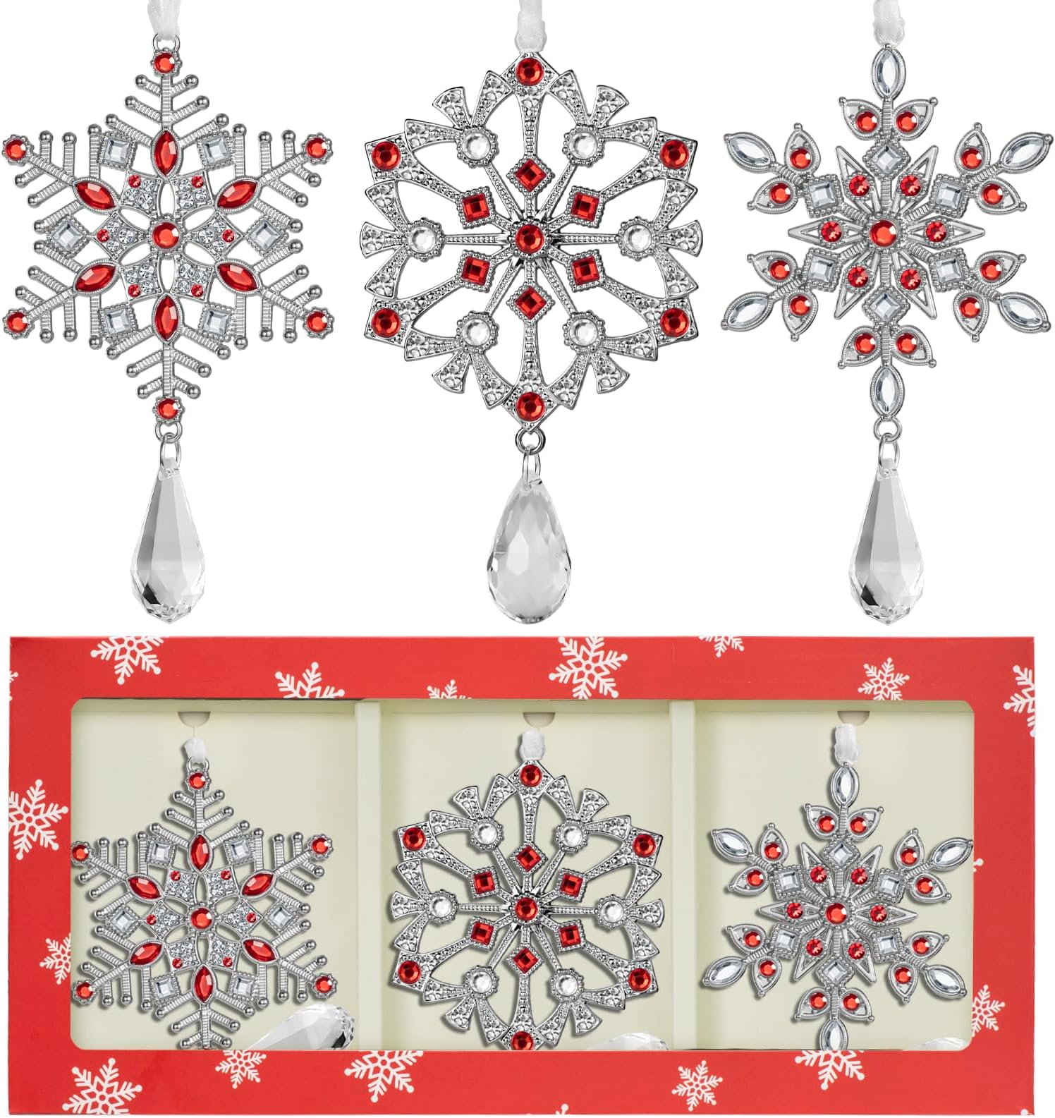 Laraine Christmas Tree Snowflakes Ornaments โ 2023 Decorative Hanging Pendant of Car Charm Holiday Keepsake Gift Home Decor (3 Pieces Set, Red)