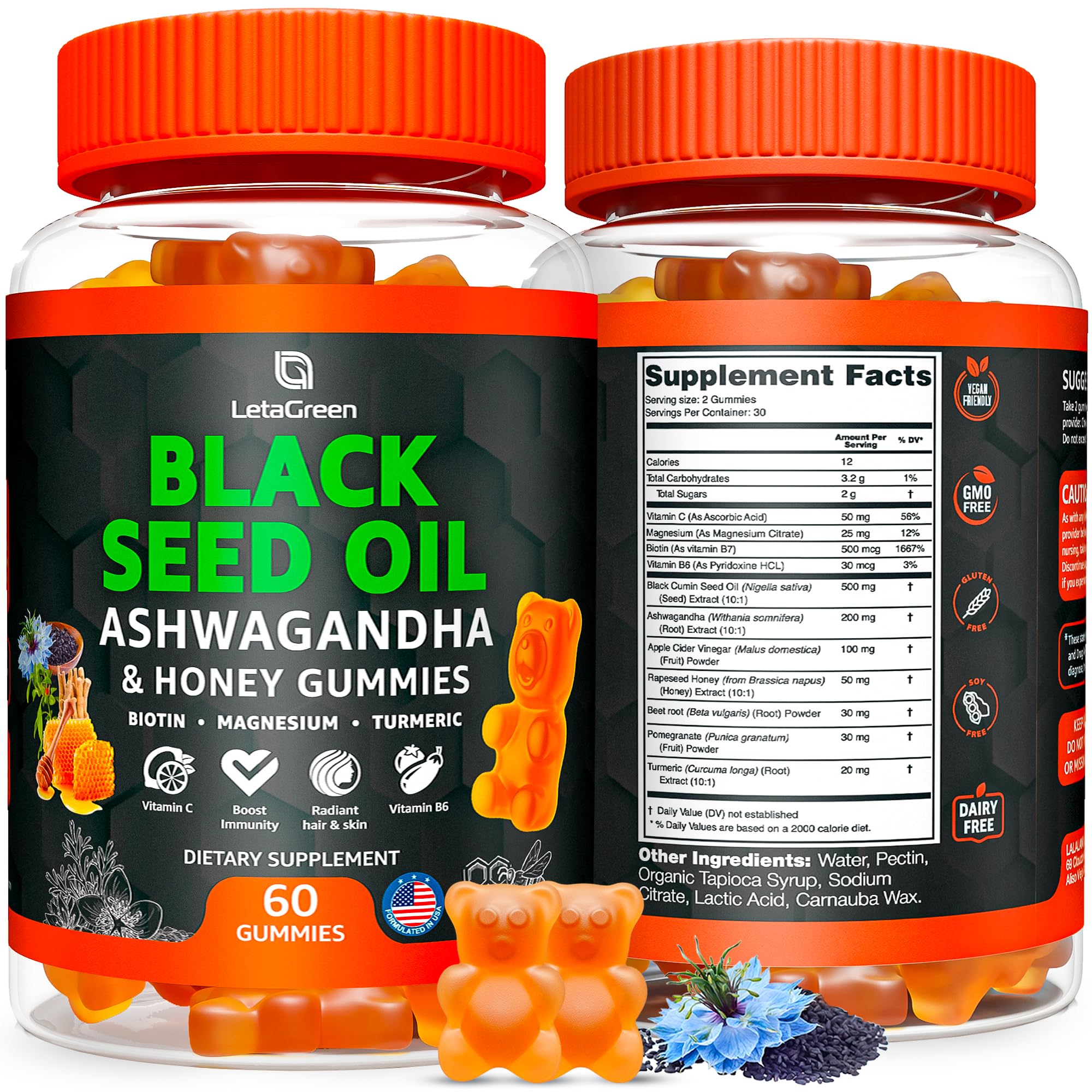 LetaGreen Gomas de Óleo de Cominho-Preto com Ashwagandha, Vinagre de Maçã e Vitamina C 500 mg, 60 gomas