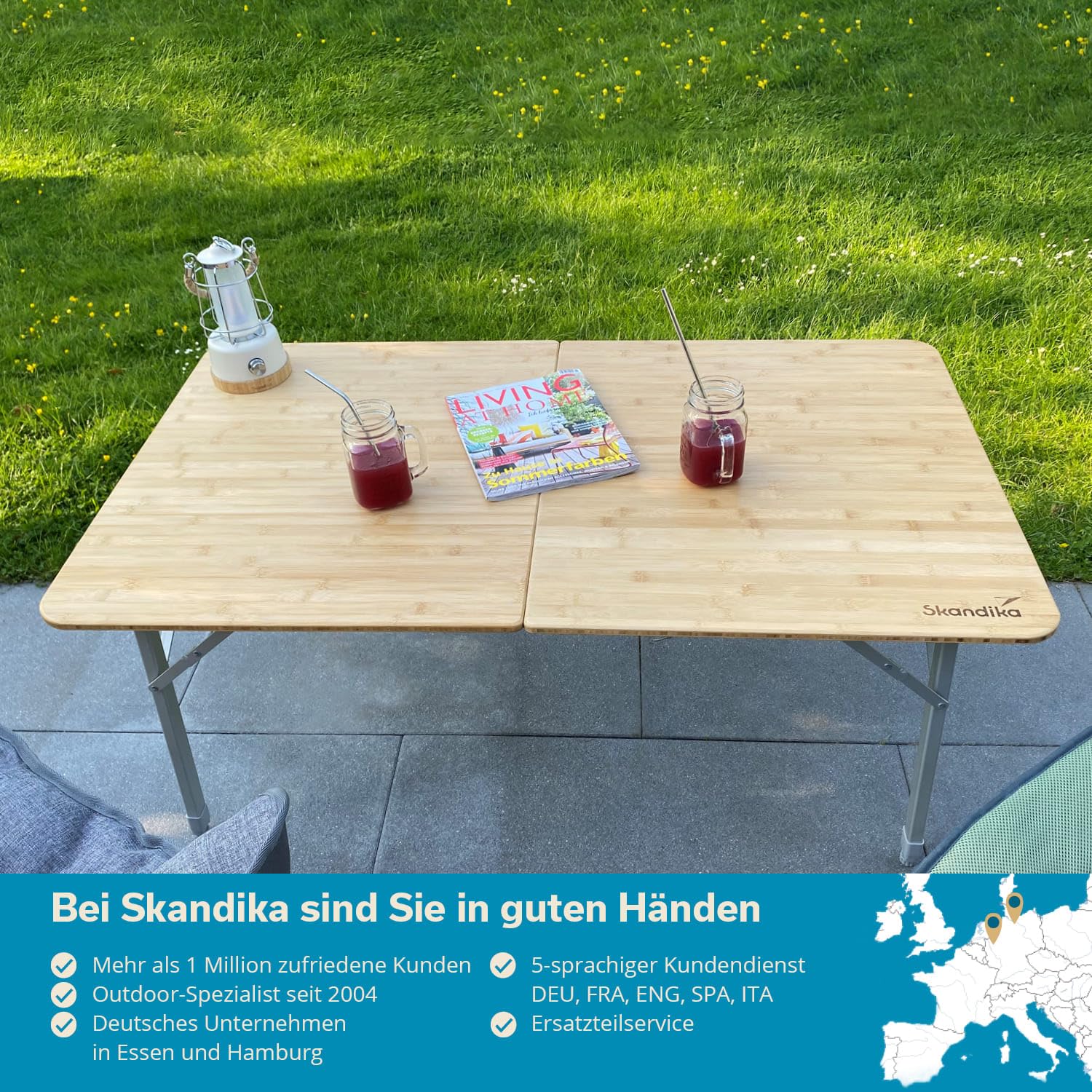Skandika Bambus Campingtisch Tolja | Faltbarer Tisch mit Netzablage, versch. Größen, 3-Fach höhenverstellbar, Alu, Holz, wetterfest, UV-beständig | Klapptisch für Camping, Garten, Balkon