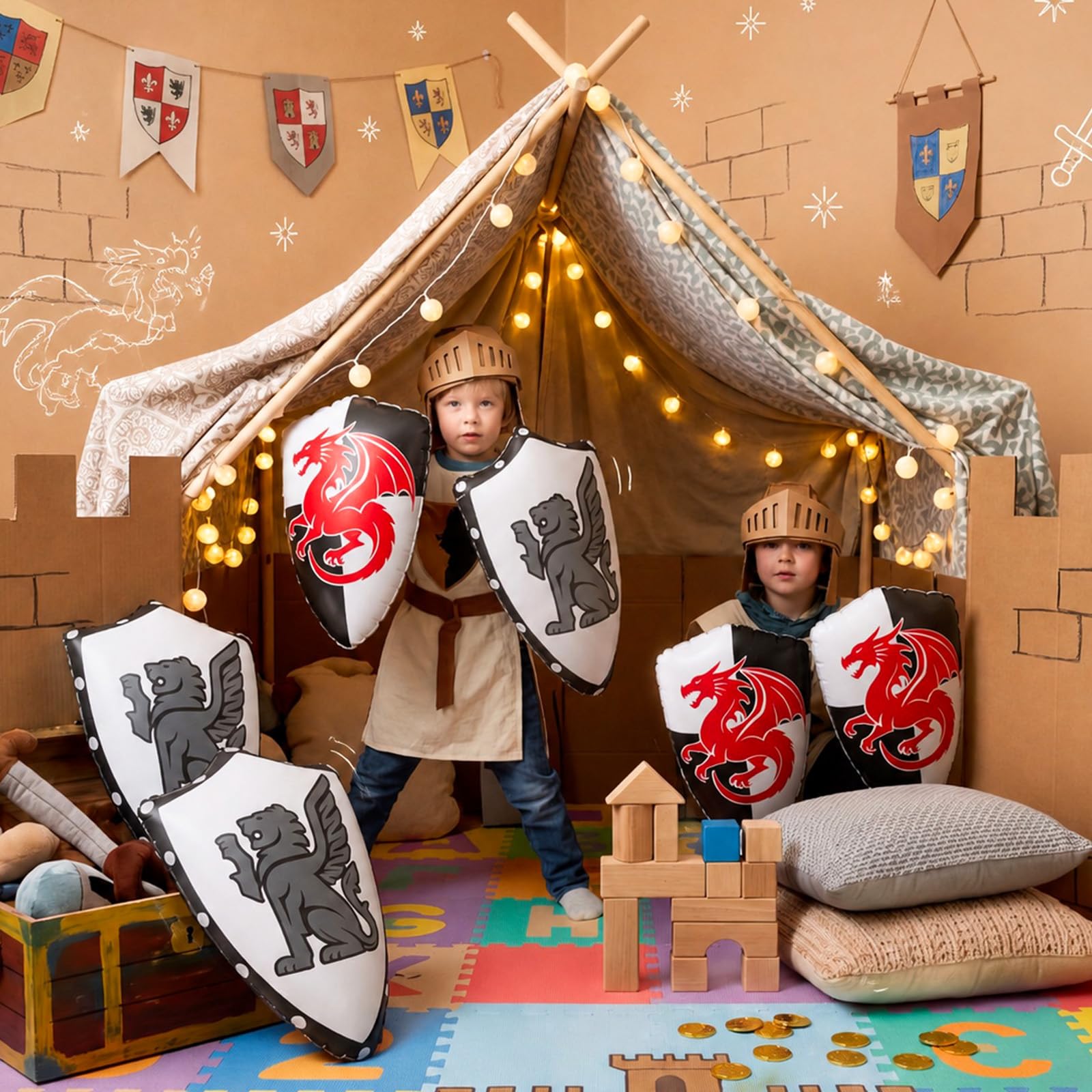 Gemscream Lot de 12 boucliers gonflables pour fête médiévale - Motif double dragon - Pour l'été, la piscine, les fêtes d'anniversaire, les activités de cosplay