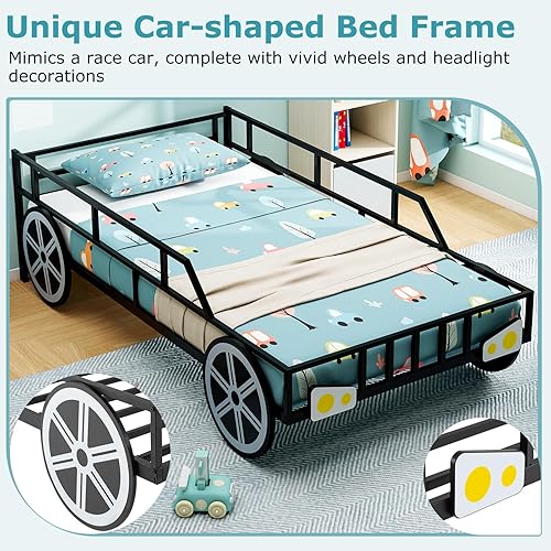 Miniatura 47 de Costzon Base de cama individual para niños, plataforma de cama individual tapizada de madera con soporte de listones, cabecera y estribo acolchados