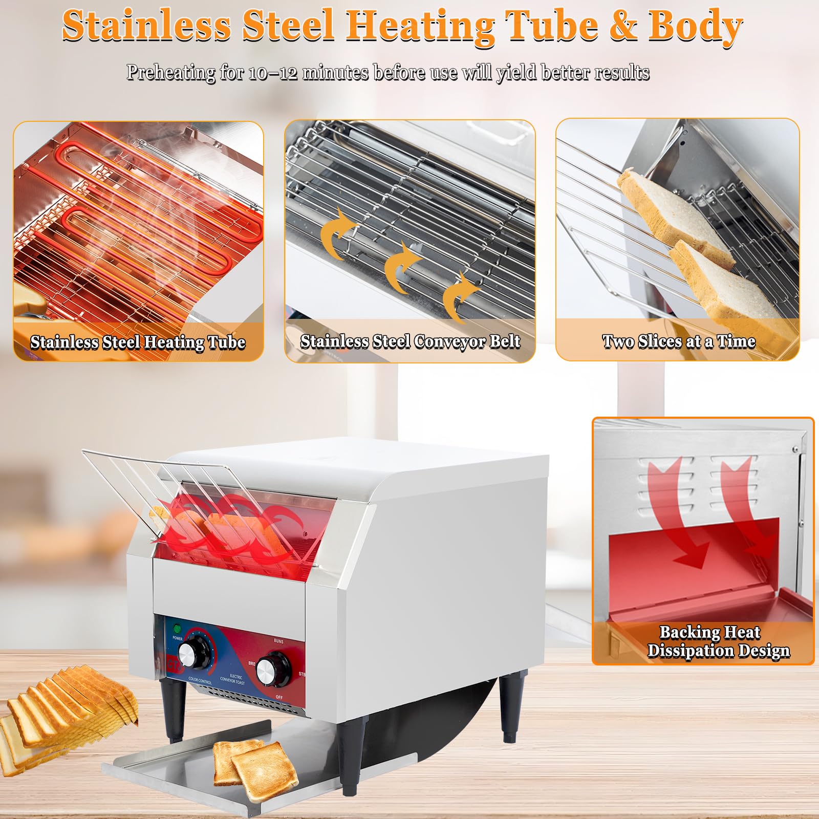 CTJ - tostador comercial de acero inoxidable de 300 rebanadas/horas, tostador eléctrica, tostador de restaurante resistente, tostador para tostadas, cruasanes, panecillos de panecillos