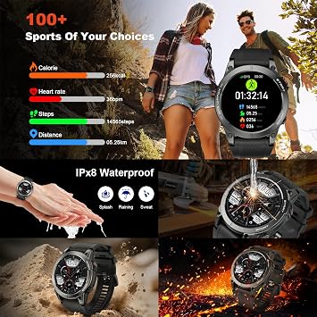 Smart Watch for Men Fitness Tracker GPS: Military Smart Watches for Android/iPhone GPS Watch 1.43 AMOLED Make Answer Call Running Digital Mens Watches Samsung Compatible Step Tracker Heart Monitor