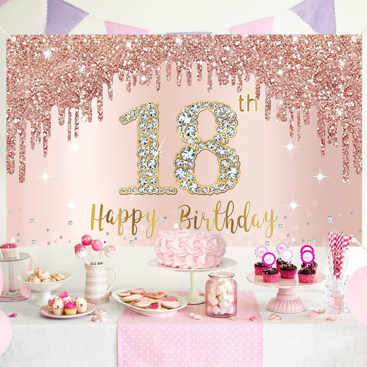 18th Birthday Decorations for Girls, Happy 18th Birthday Banner Backdrop | 18 Birthday Party Sign Supplies, Pink Rose Gold 18 Years Old Birthday Poster Background Photo Booth Props Decor