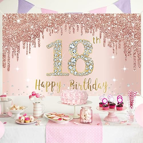 Miniatura 4 de Cartel de feliz cumpleaños número 18 para niñas, suministros de letrero de fiesta de cumpleaños de 18 años, decoración de póster de cumpleaños rosa