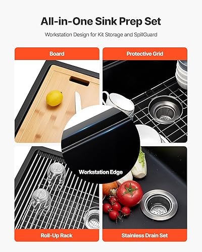 Miniatura 4 de VEVOR Fregadero de cocina de 33 pulgadas, fregadero de granito de montaje superior, lavabo de granja de un solo tazón con múltiples accesorios,