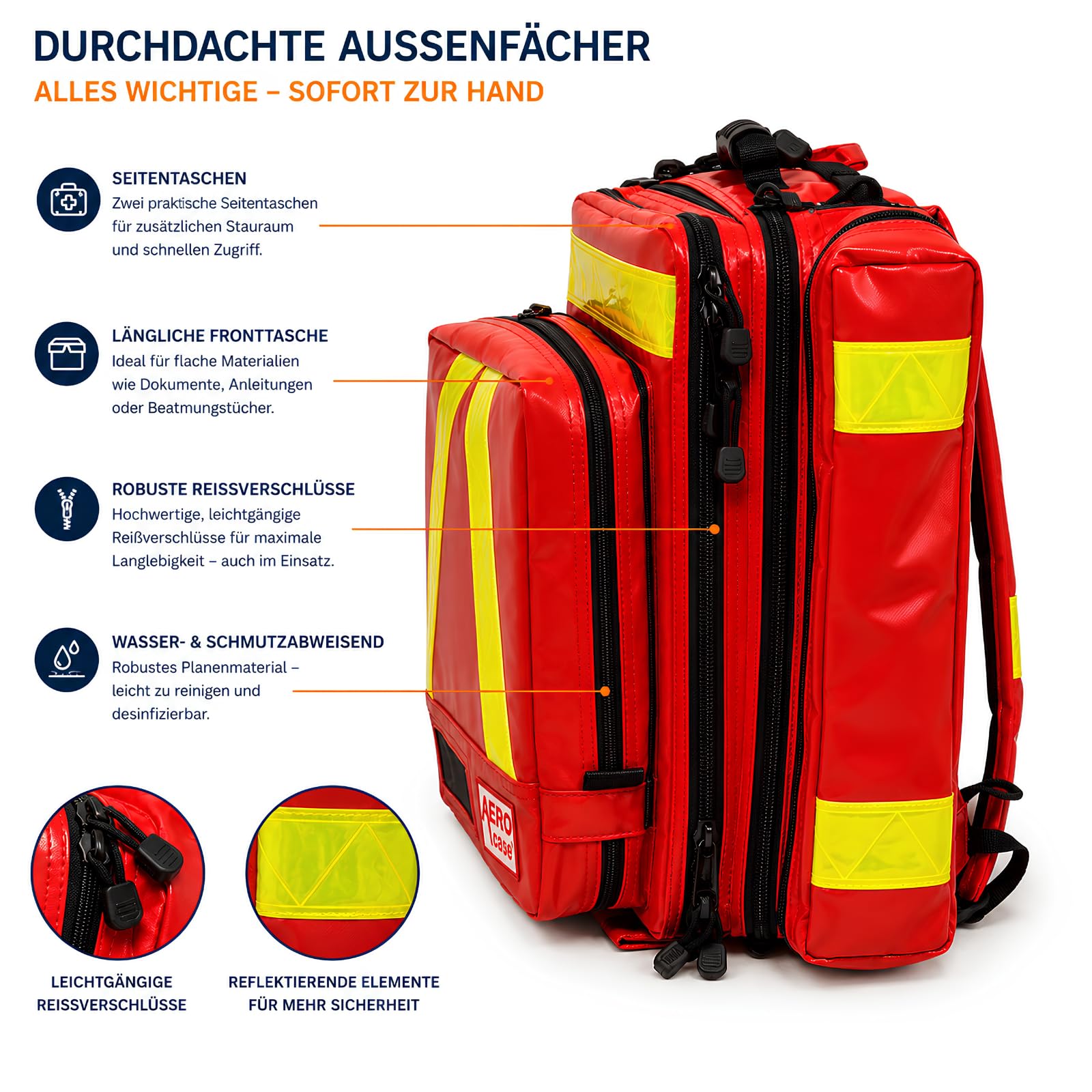 AEROcase AED-Notfallrucksack Größe M rot 44x38x21 cm | Gefüllt nach DIN 13157, Kompatibel mit gängigen AED-Geräten & 0,8 L O2-Flasche, 85-teilige Erste-Hilfe-Ausstattung