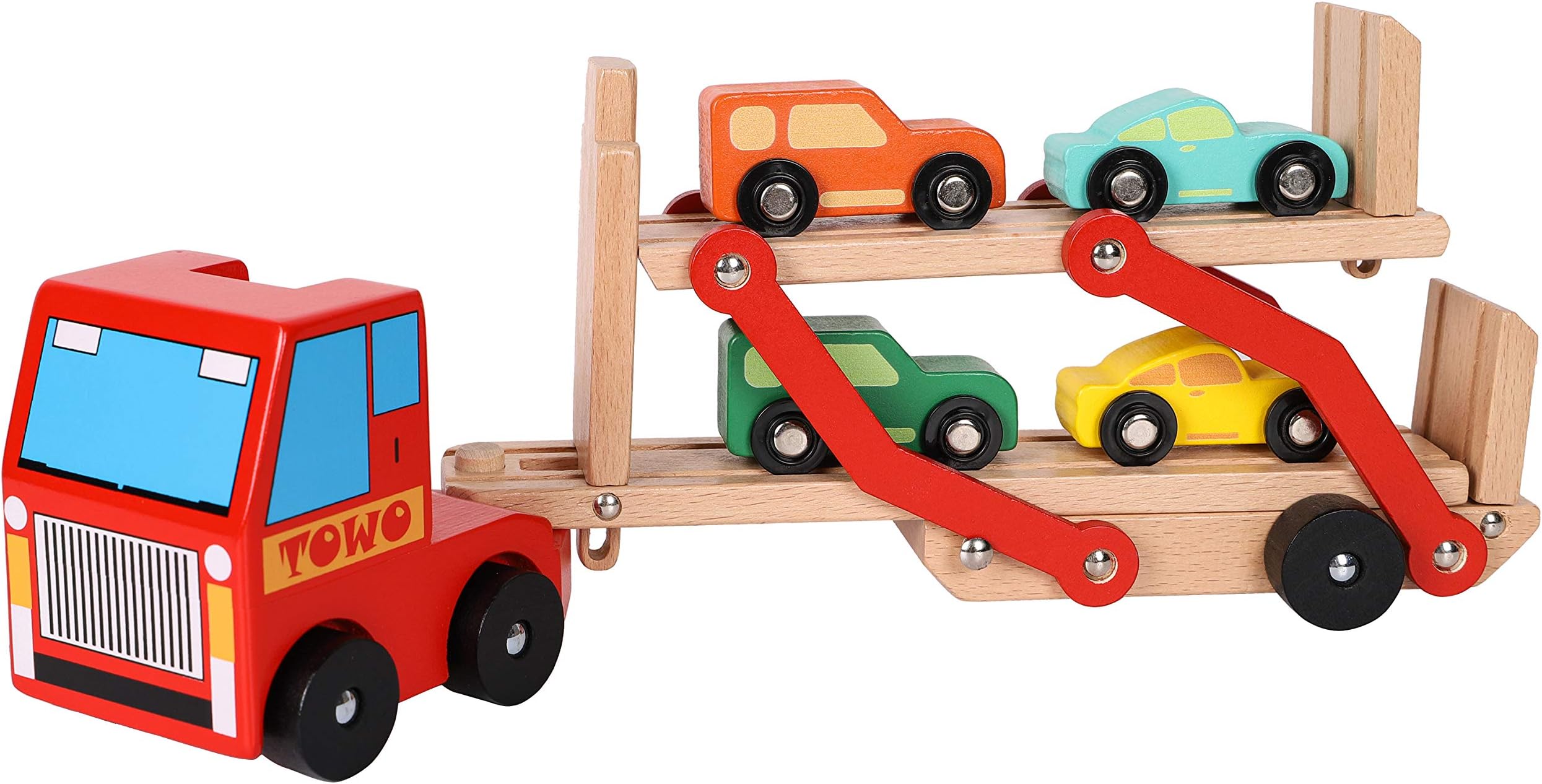 TOWO Wooden Car Transporter Toy Double Decker Trailer with 4 Cars ramp Racer - Wooden Toy Truck Carrier for 3 Years Old Boys Vehicle Toys for Kids