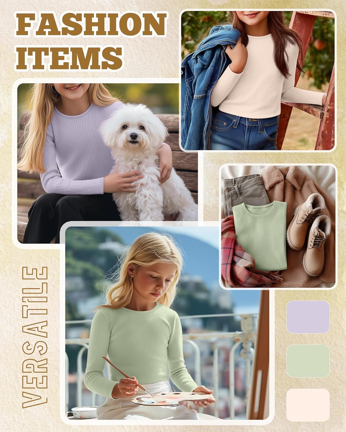 3 Pack Girls Long Sleeve Shirts Ribbed Knit Cotton Layering Tops Slim Fit Crewneck ... - Image 4