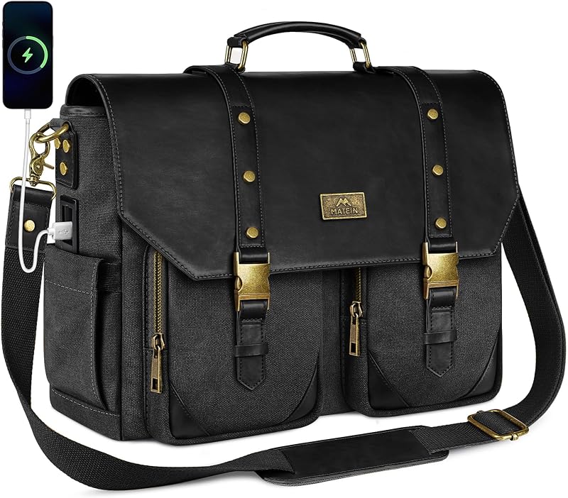 Bolso bandolera vintage para mujer, maletín grande para portátil de 15,6 pulgadas | Bolso para computadora de cuero PU, puerto de carga USB, bolsillo húmedo, bolsillo con bloqueo RFID, bolso de trabajo tipo bandolera, gris-negro