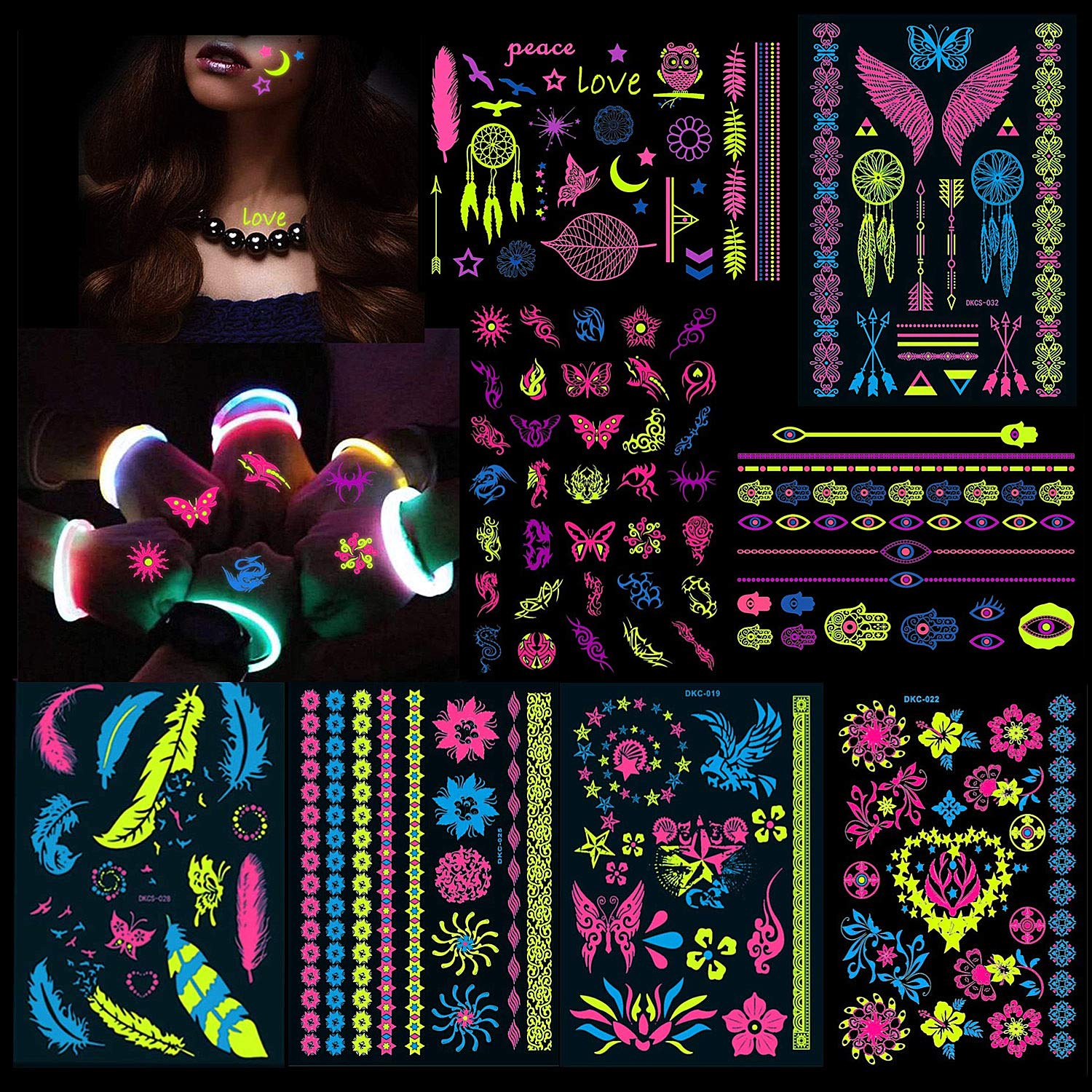YVAINE 8 Large Sheets Neon Temporary Tattoos,Glow UV Neon Tattoos
