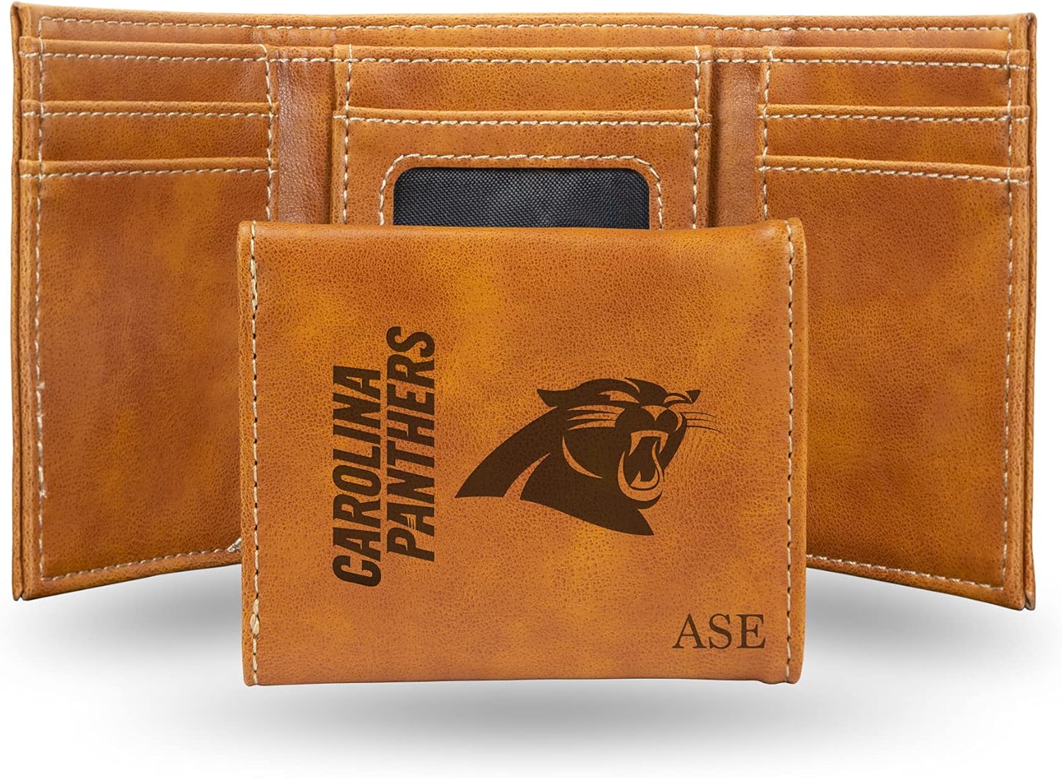 Rico Industries NFL Football Carolina Panthers Brown Personalized-Custom Laser Engraved Faux Leather Tri-fold Wallet - Slim Wallet