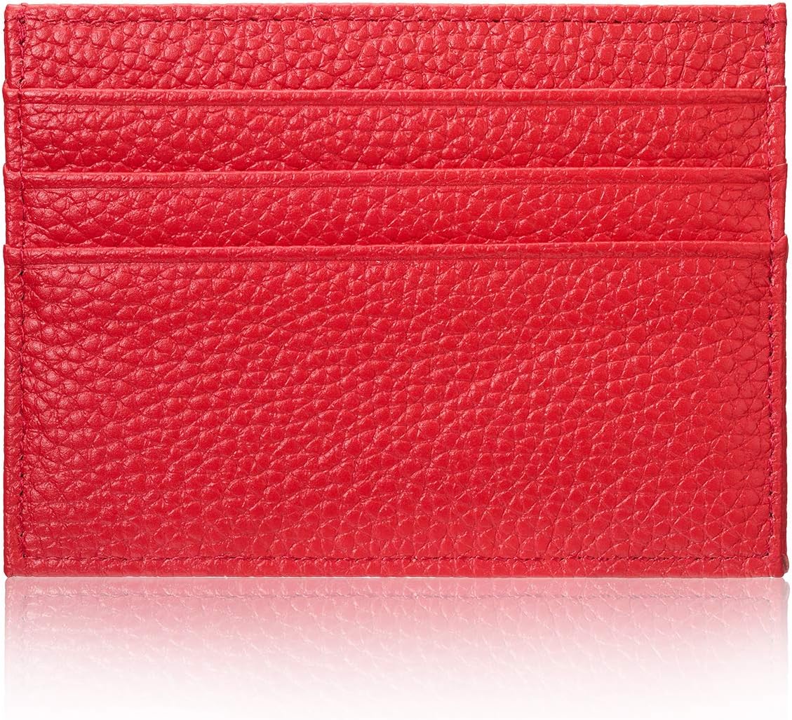 YEHMANGenuine Calfskin Leather Card Holder 7 Credit Card Slots Minimalist Ultra Flat for Jackets, Trousers, Red, 10 cm x 7 cm x 0.3 cm, Credit Card Holder