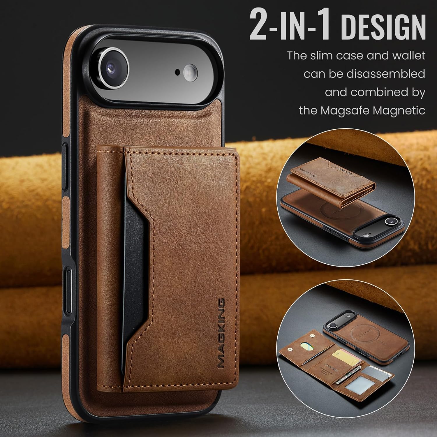 SZHAIYU K2 2 in 1 Detachable Magnetic Phone Cases Compatible with iPhone Air / 17 Air Case with Card Holder RFID Blocking , Compatible with Magsafe Wallet, Leather 6.5'' (Brown, iPhone Air)