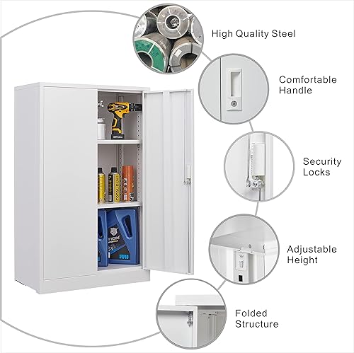 Miniatura 6 de GREATMEET Armario de almacenamiento de metal con puertas de bloqueo, armario de almacenamiento plegable con 2 estantes ajustables, armario de