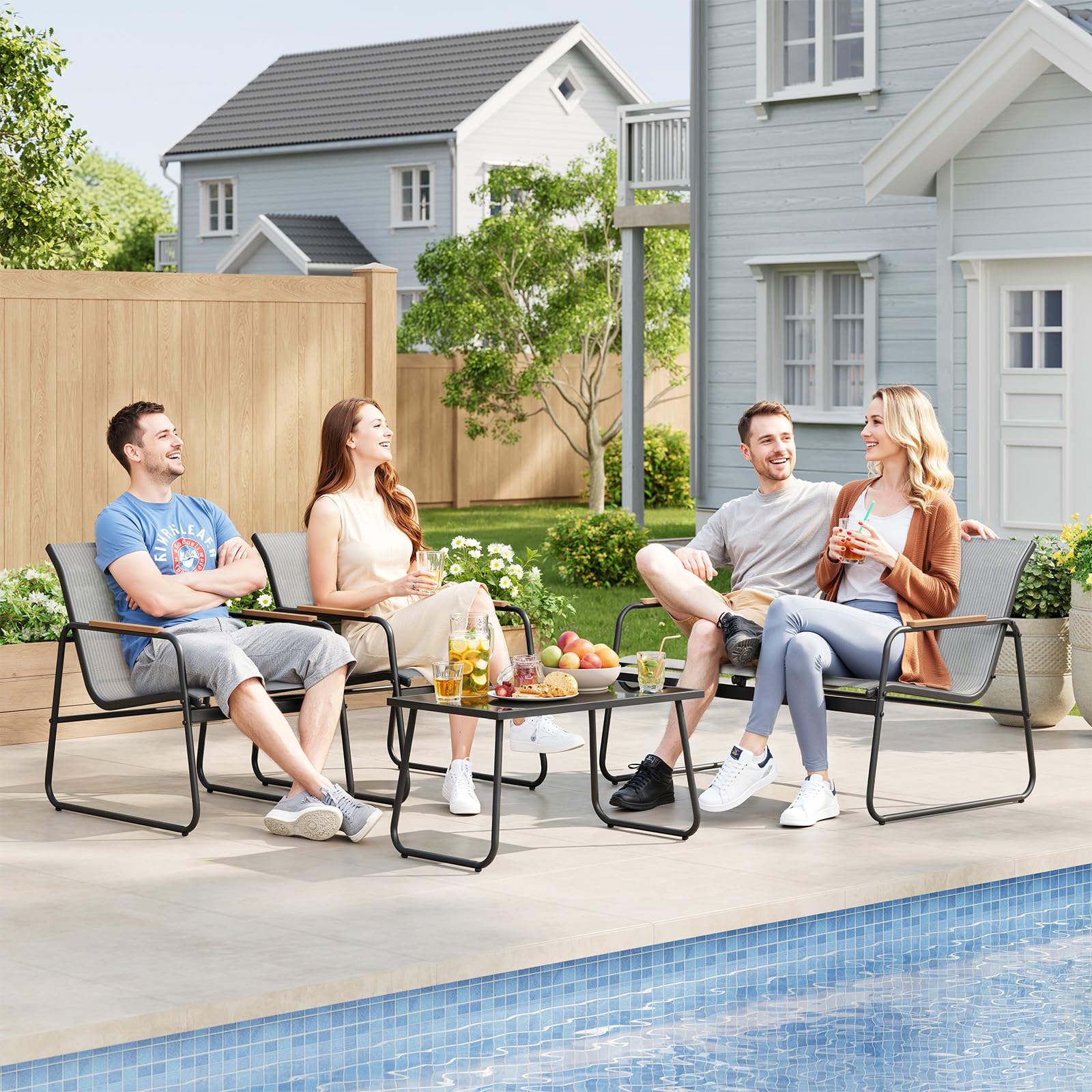 WOLTU Gartenmöbel Set 4-teilig1 Tisch & 1 Zweisitzer-Sofa & 2 Sessel mit Rückenlehne und Armlehnen Ergonomisches Design UV-beständig Balkonmöbel für Terrasse und Balkon, Grau