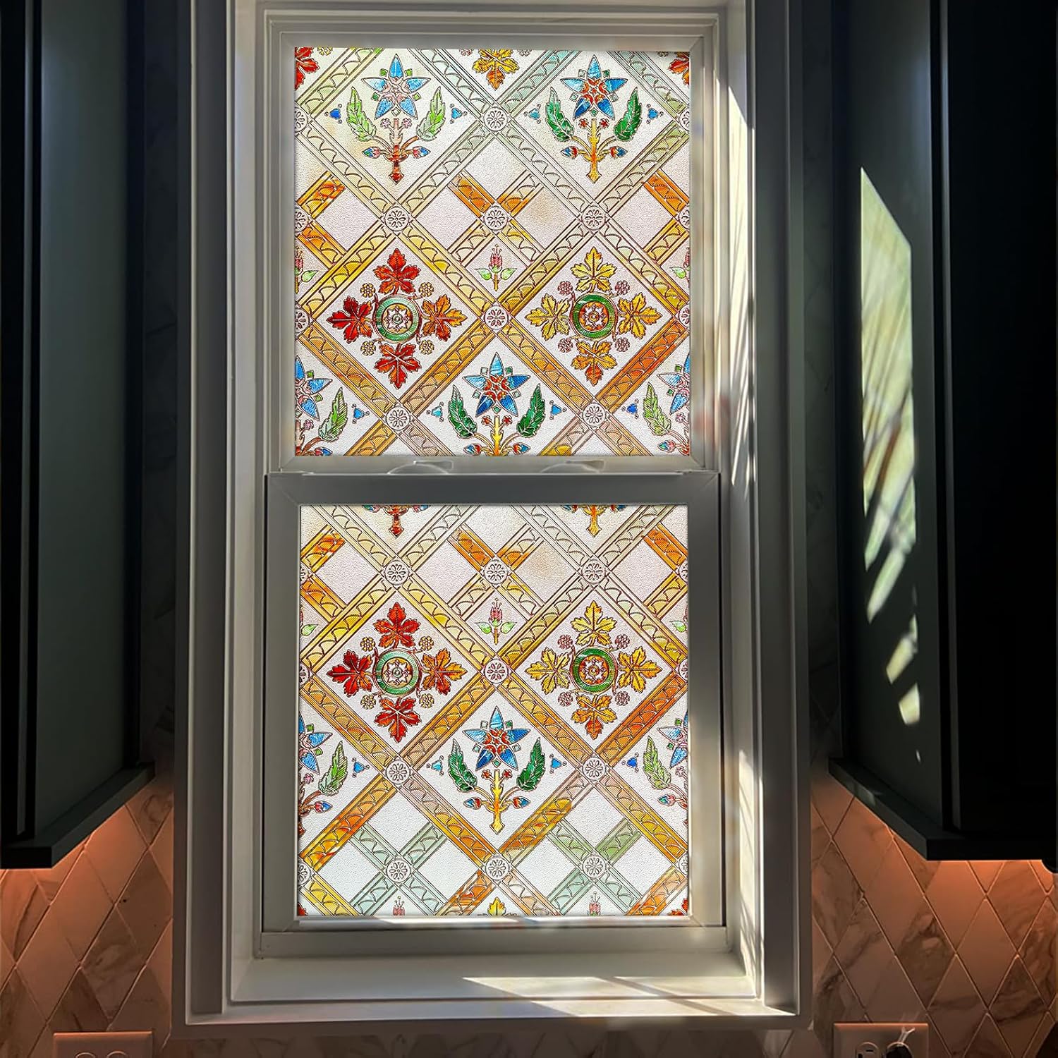 Coavas Stained Glass Window Film Decorative Privacy Cling for Home Bathroom & Front Door, 3D Floral Design, UV Blocking, Heat Control, Non-Adhesive, Reusable, Yellow, 23.6" x 35.4"