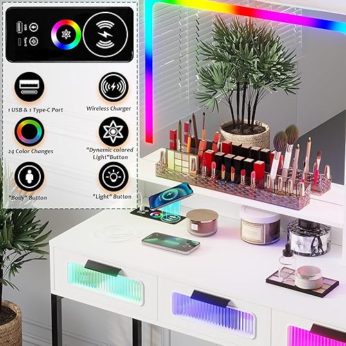 Miniatura 3 de HNEBC - Mesa de tocador RGB con espejo y luces, mesa de maquillaje con espejo LED y estación de carga USB/inalámbrica, juegos de mesa de tocador con
