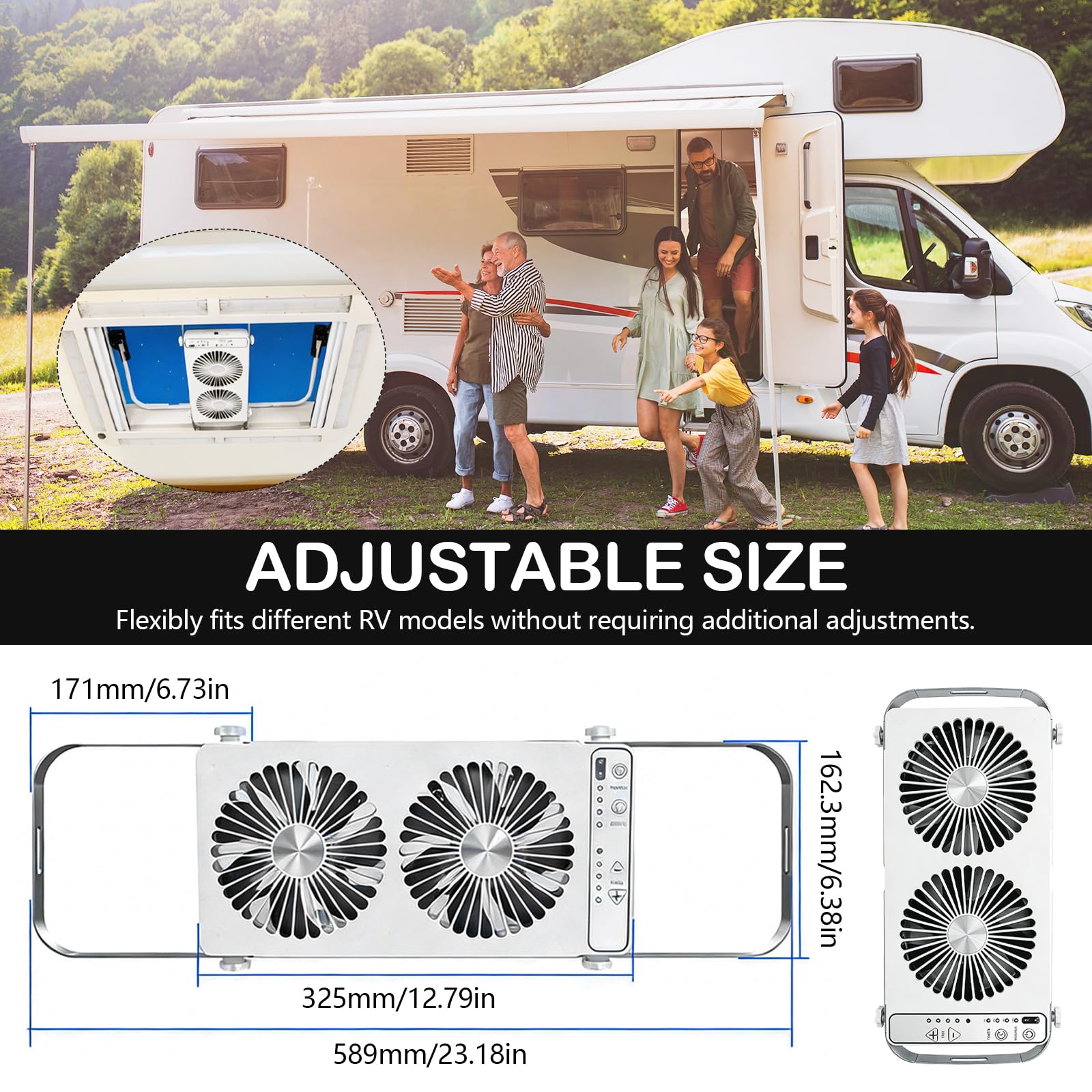 Ventilador De Techo Para Autocaravana, 12v Ventilador De Doble Fila Para Ventanas De Techo De Autocaravana Con 4 Velocidades Para Caravanas Camiones Y Furgonetas Extensible 37 A 59 Cm (Blanco)