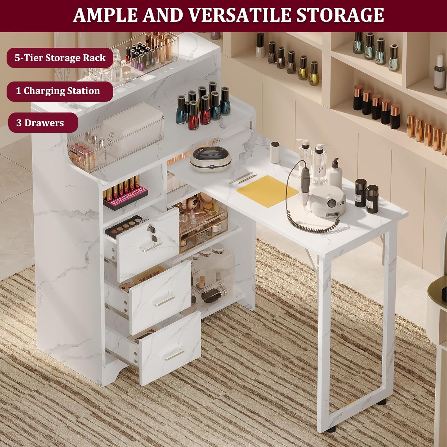 Foldable Nail Desk for Nail Tech, L Shape Manicure Table with Cabinet Drawer & Built-in Charging Station, Portable Nail Table for Beauty Salon Workstation (Marble)