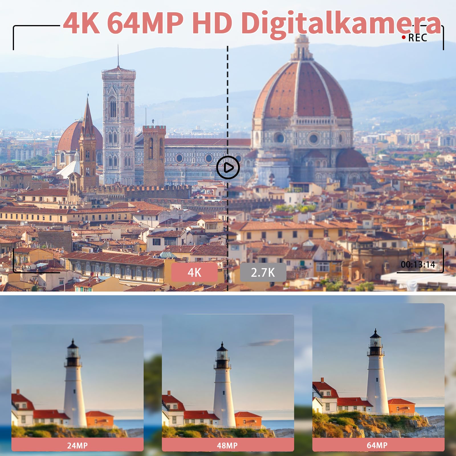 4K Digitalkamera 64MP Kompaktkamera Fotokamera mit Flip Screen Autofokus Vlogging Fotoapparat für einsteiger, 16X Digitalzoom, mit 32GB Karte, 2 Batterien,pink