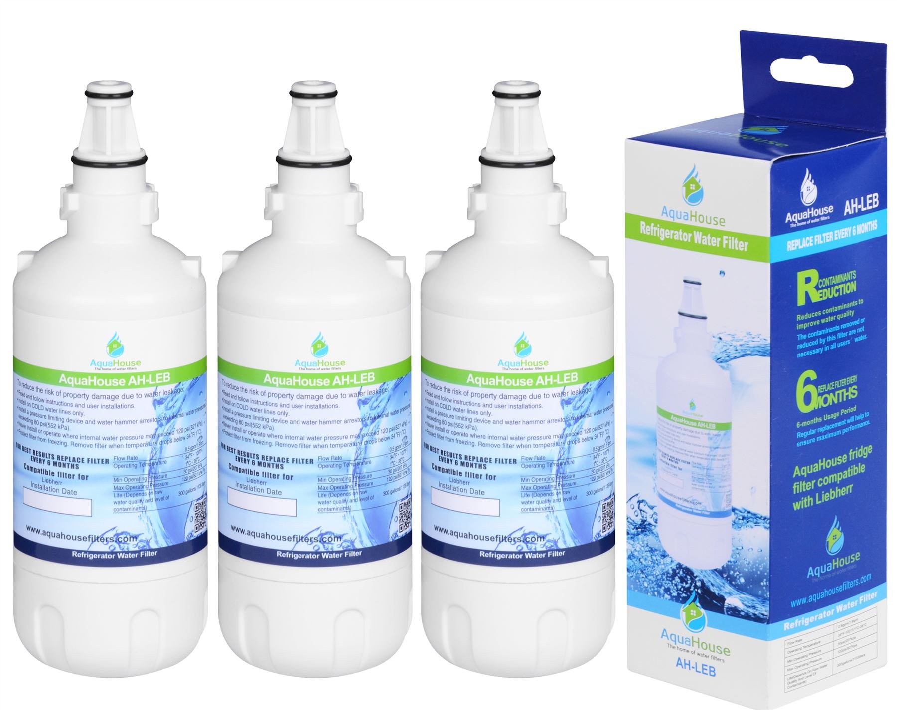 AquaHouse AH-LEB Compatible Water Filter for Liebherr Fridge Freezer 7440002, 7440000, 53-WF-26LR, 7731240, 7731240-00, 440002, CNes (3 Pack)