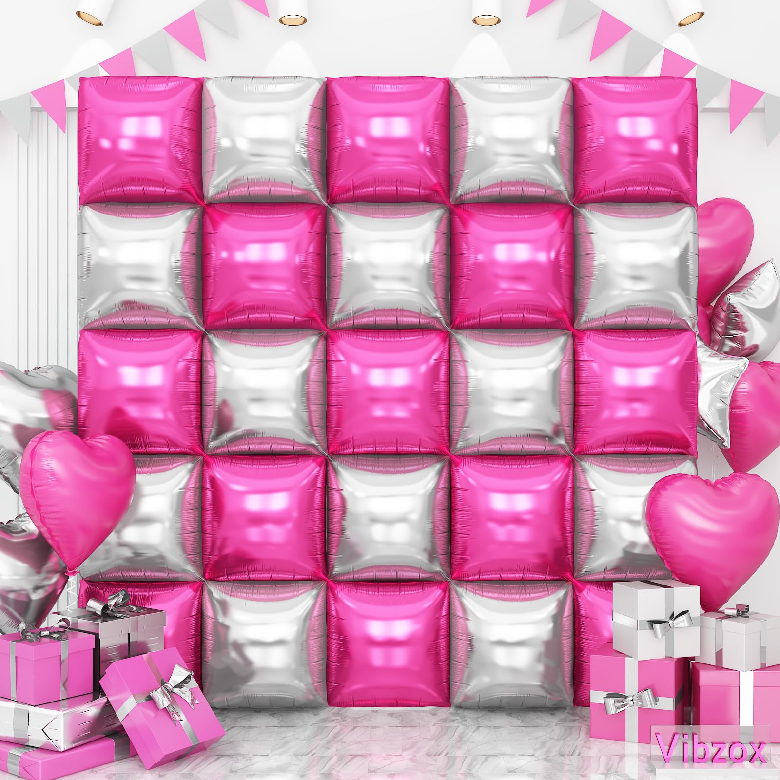 Hot Pink Silver Square Foil Balloons Wall, 25PCS Double Sided Chrome Silver and Pink Balloons Tunnel Arch Kit Backdrop for Girls Birthday Party