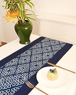 Natural Indigo Dye Table Runner, Handmade Tie-Dye with French Style, Blu...