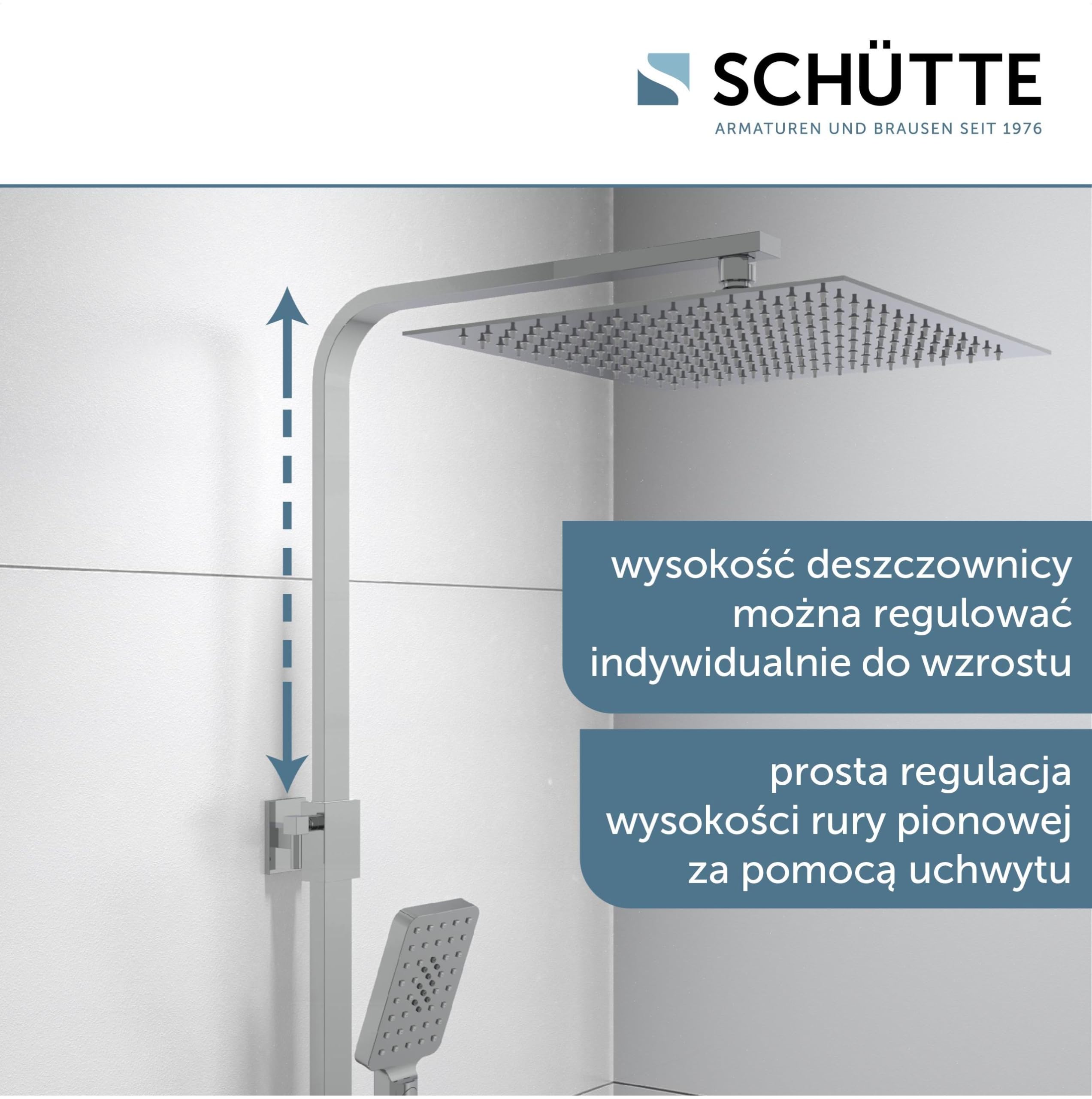 SCHÜTTE OCEAN 60531 system prysznicowy z termostatem i szklaną półką, 30 x 30 cm, deszczownica z uchwytem ściennym i panelem prysznicowym, kolumna prysznicowa w kolorze chromowym/antracytowym