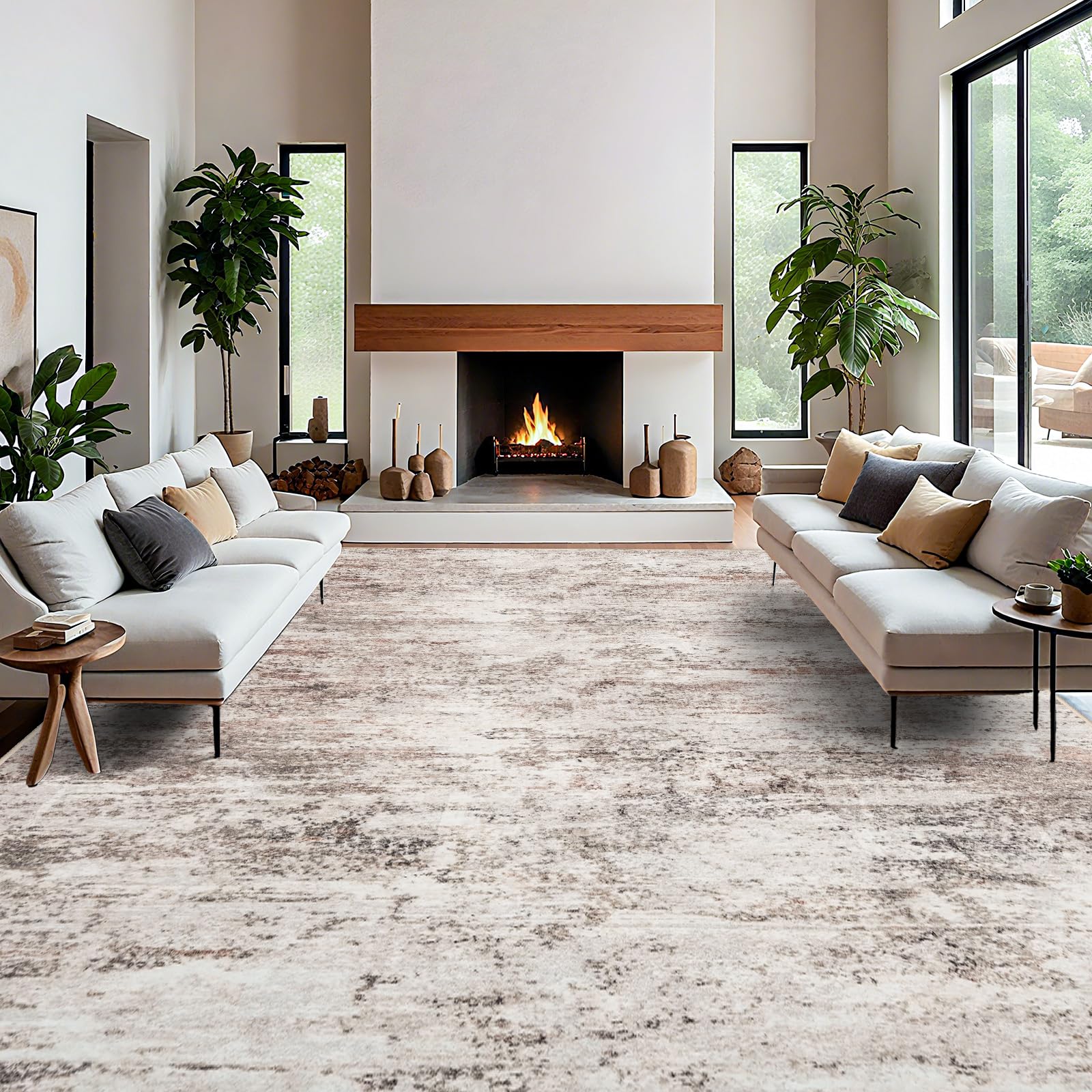 Photo 1 of Washable Abstract Area Rug 12x15 - Large Soft Rugs for Living Room Non Slip Indoor Carpet for Bedroom Living Room Farmhouse Distressed Stain Resistant Floor Decor Mat 12x15 Brick/Brown/Beige