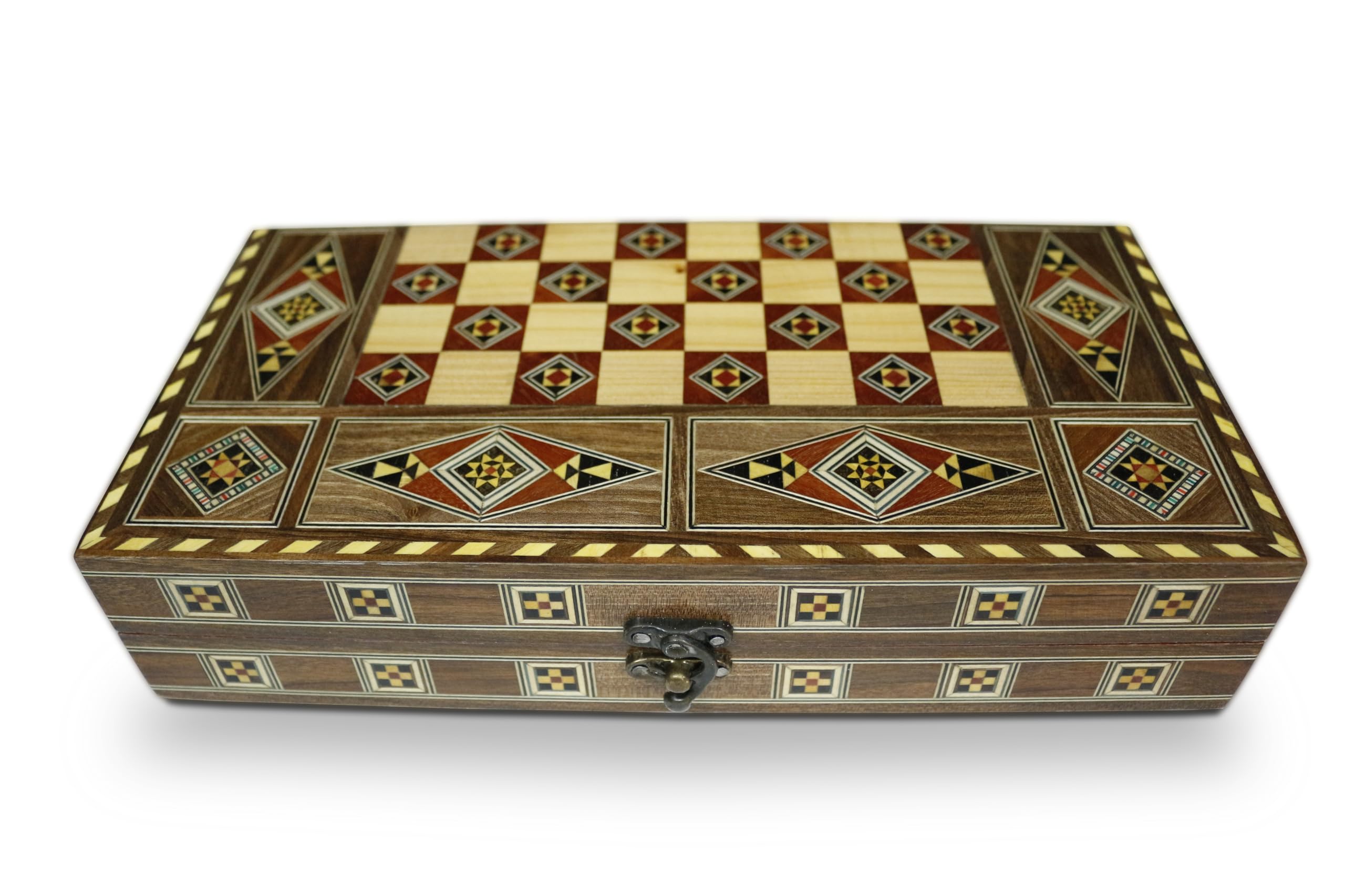 30 x 30 cm in legno Backgammon Tavla/gioco di scacchi/DAMA, Tavla,originale intarsiato artigianato fatto a mano, Brett BK 301F con 30 pietre di backgammon in legno e con statuette di scacchi in