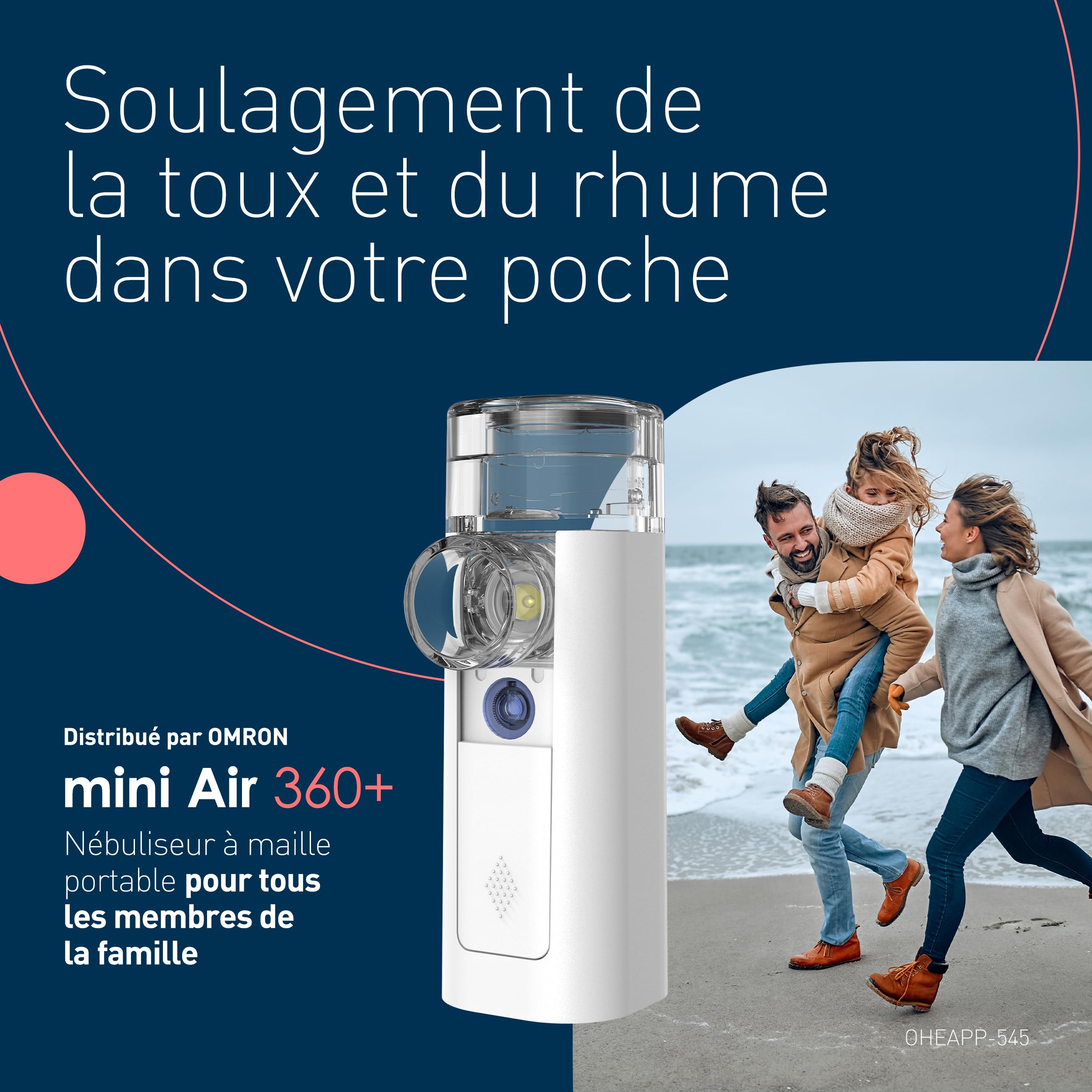 mini Air 360+distribué par OMRON - Nébuliseur portable, inhalateur silencieux pour adultes/enfants, deux tailles de masque et embout buccal, soulagement de la toux/du rhume, rechargeable via Micro-USB